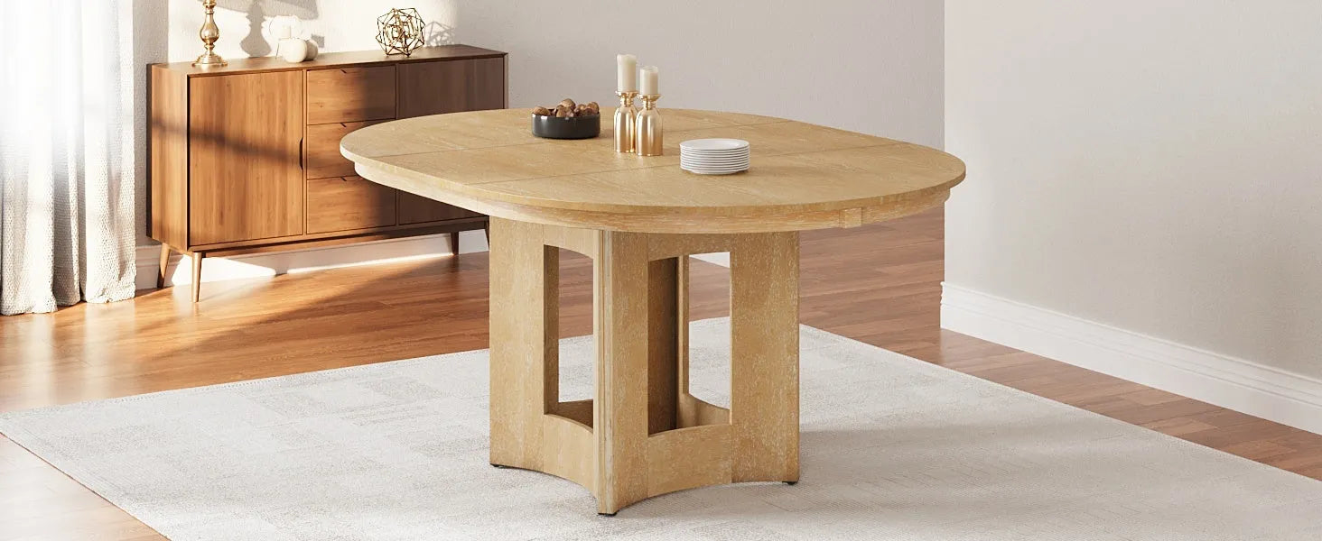 Farmhouse Extendable Round Dining Table with 16inch Removable Leaf for Small Places, Natural – view 9