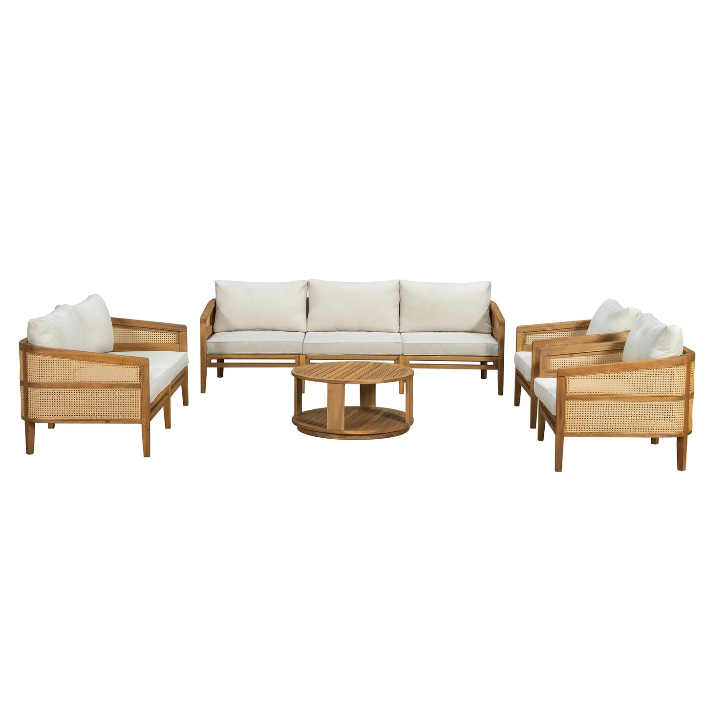5-Piece Acacia Wood Patio Furniture Set, Modular Outdoor PE Rattan Sofa Set with Loveseat, 2 Armchairs & Round Coffee Table, Water-Resistant Cushions – view 9