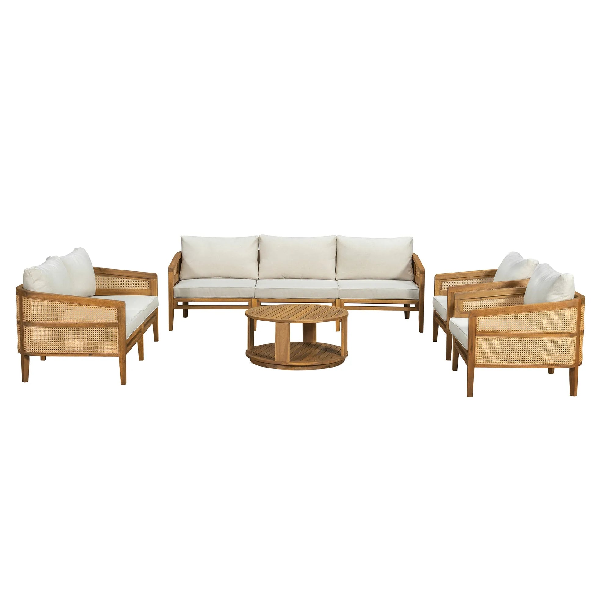 5-Piece Acacia Wood Patio Furniture Set, Modular Outdoor PE Rattan Sofa Set with Loveseat, 2 Armchairs & Round Coffee Table, Water-Resistant Cushions – view 9