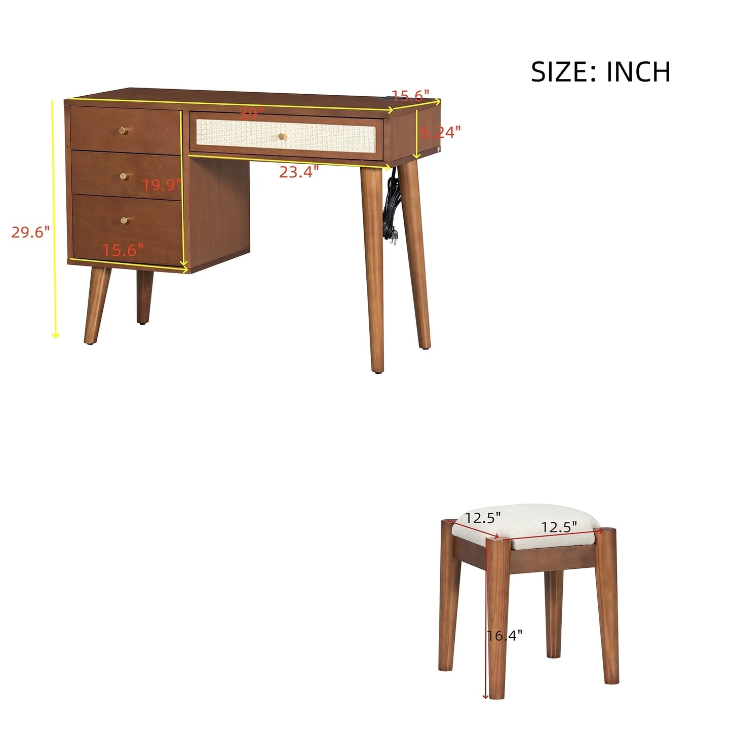 39' Retro Bohemian Style Wooden Makeup Vanity Set with Charging Plug&USB Port and Stool, Dressing Table with 3 Storage Drawers and 1 Rectangular – view 9