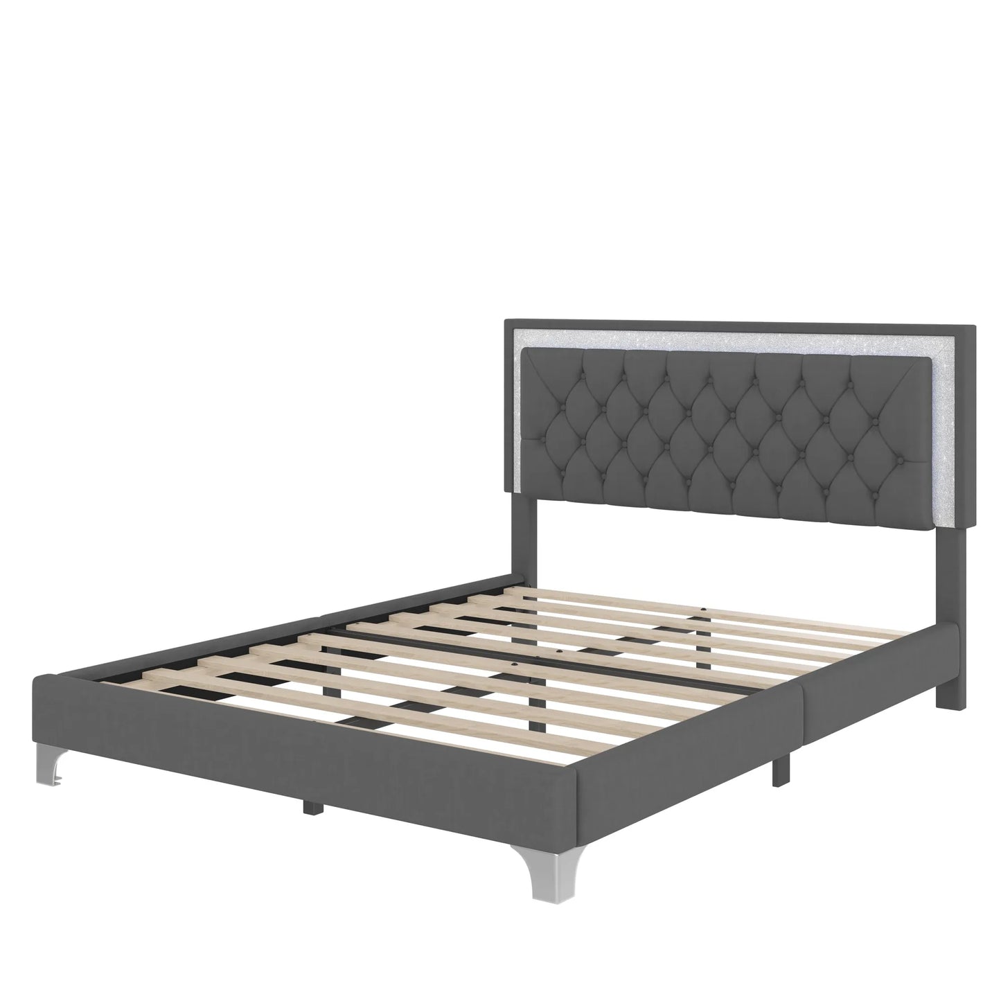 3-Pieces Bedroom Sets,Queen Size Upholstered Platform Bed with LED Lights and Two Nightstands-Gray – view 9