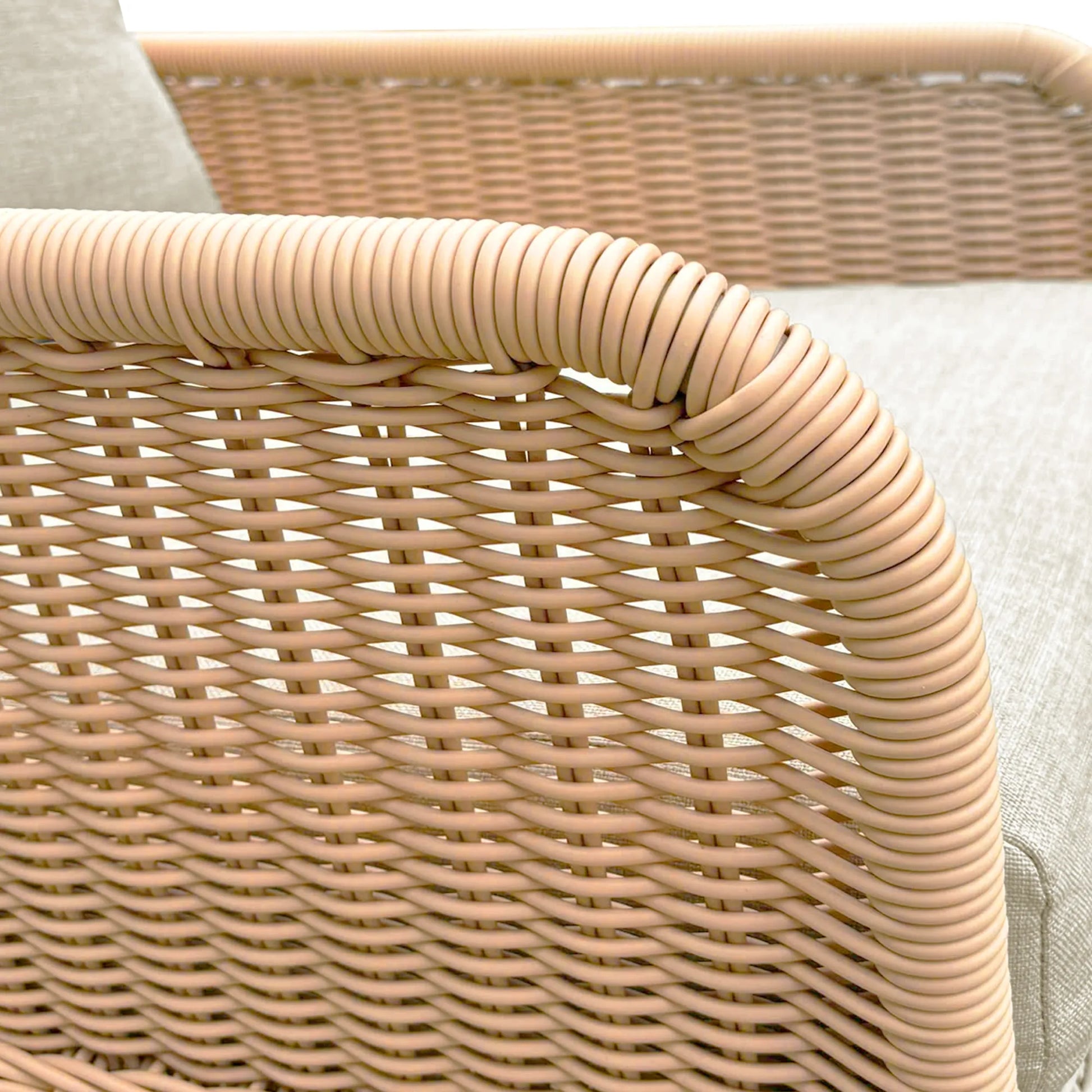 Contemporary Minimalist Beige Wicker Rocking Chair with Soft Polyester Cushions and Wooden Frame – view 9