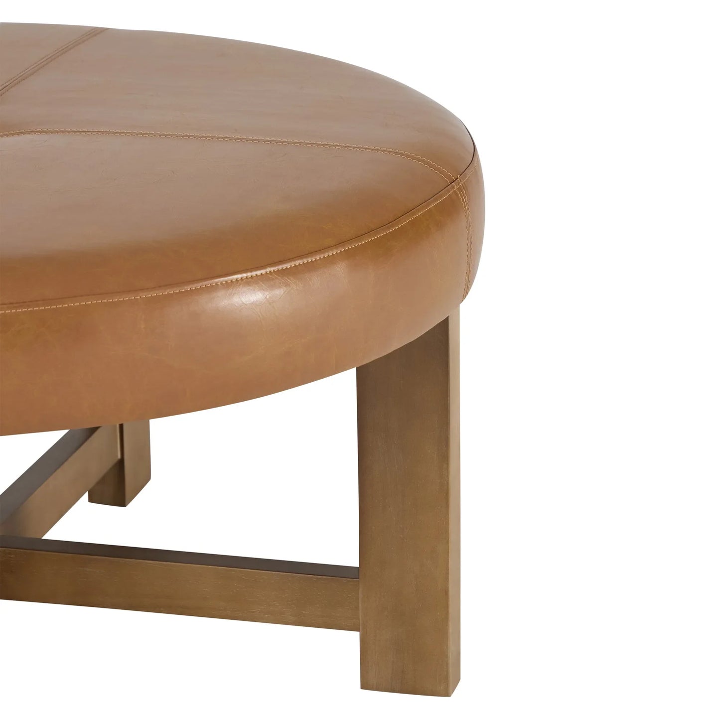 Round Leather Ottoman Coffee Table with Solid Wood Base, Tufted Faux Leather Upholstered Footrest, Brown Top with Walnut Finish Legs – view 9