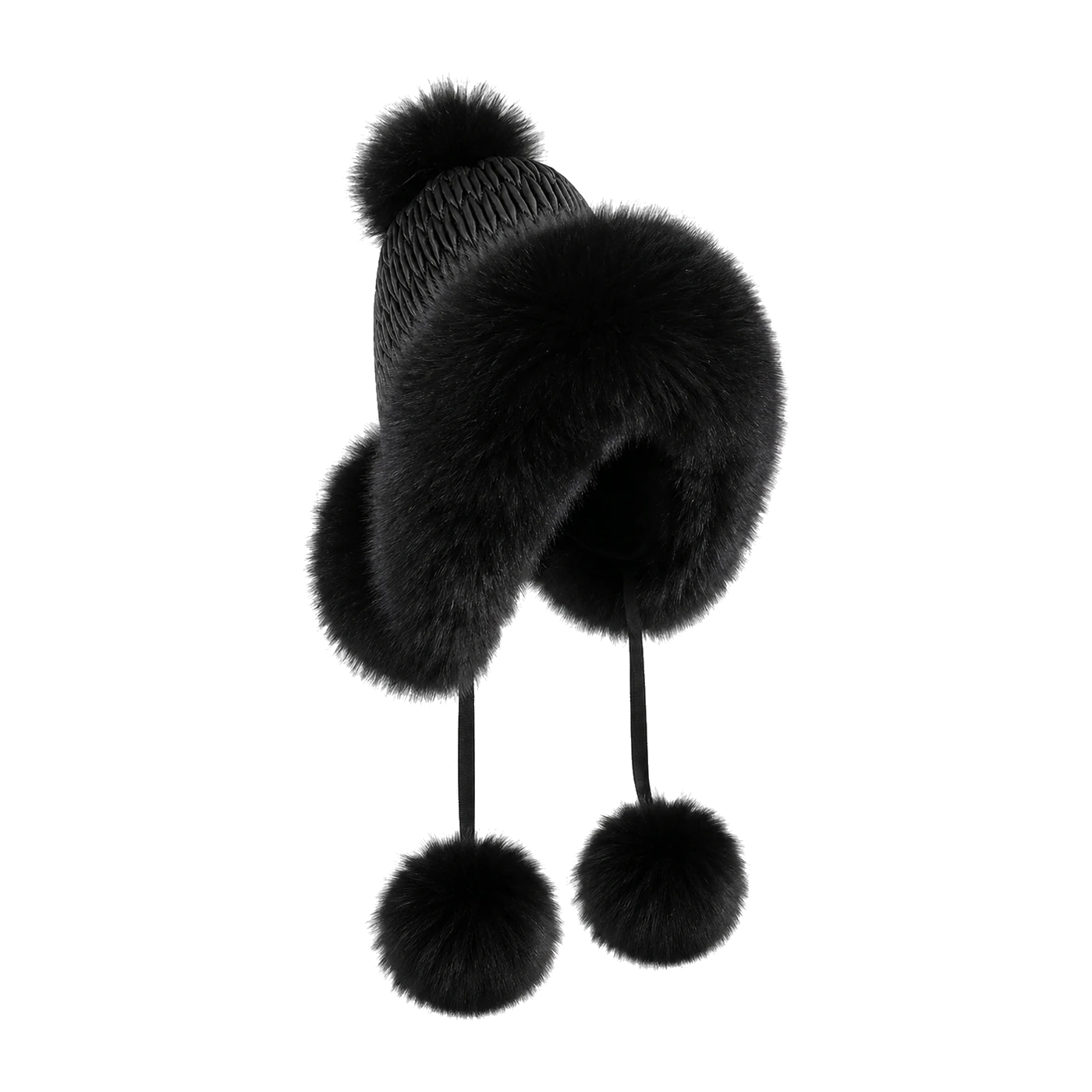 Midnight Black genuine fox fur earflap trapper hat on transparent background