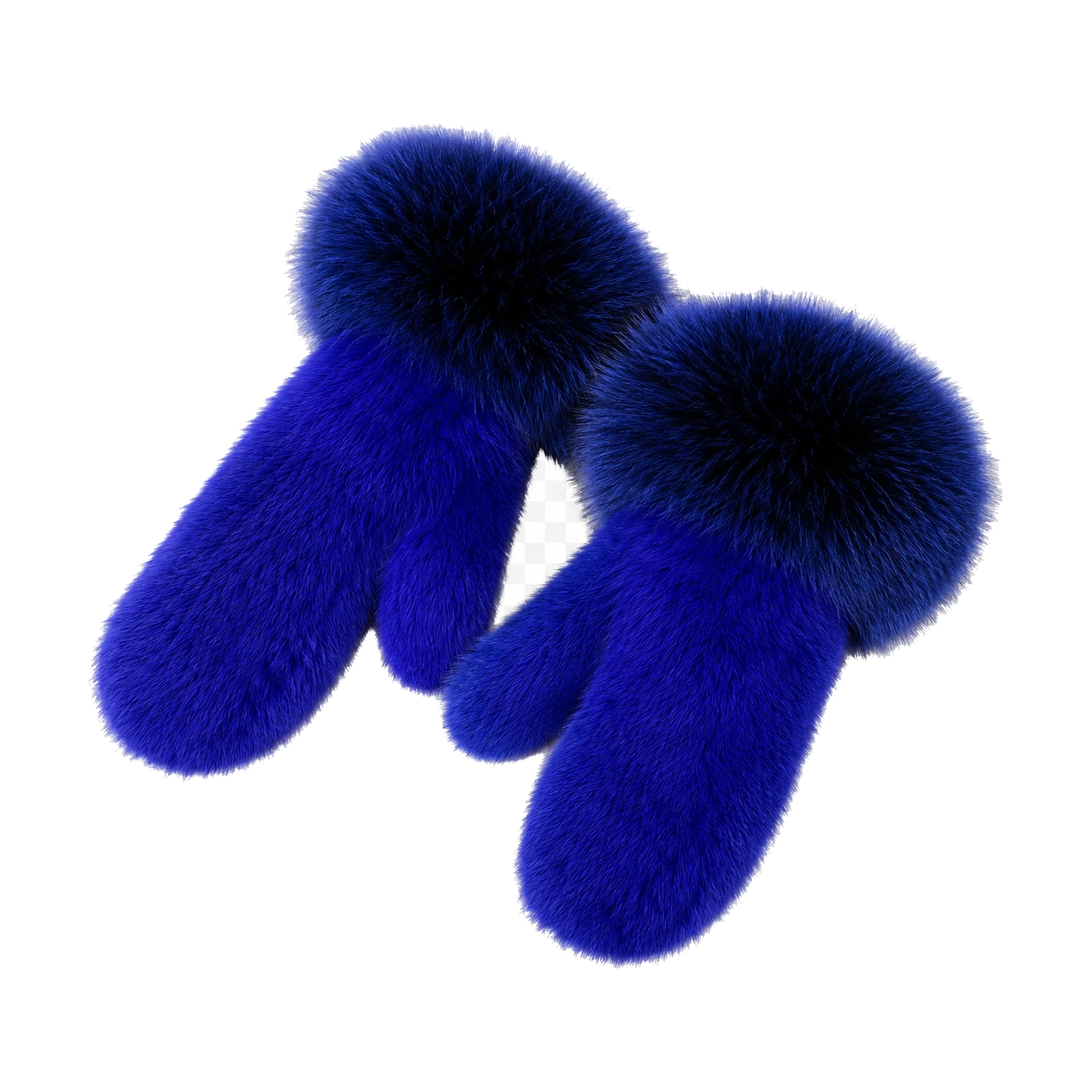 Royal Blue genuine mink fur mittens with oversized fox fur cuffs on transparent background