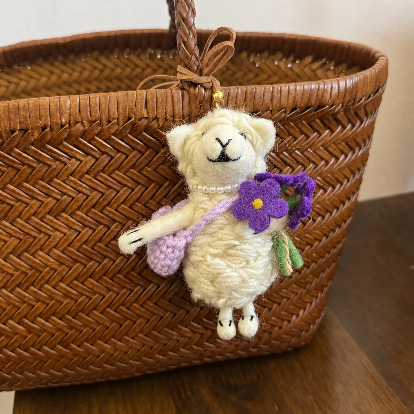 Handmade wool felt sheep bag charm – purple flower white sheep