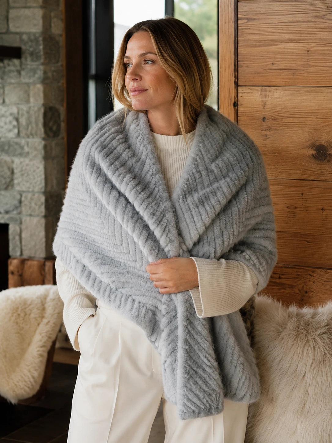Woman styling a Silver Gray genuine mink fur scarf in a cabin