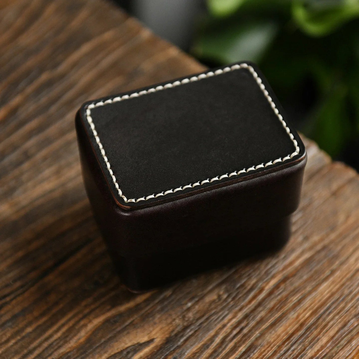 Small dark coffee handcrafted leather storage box
