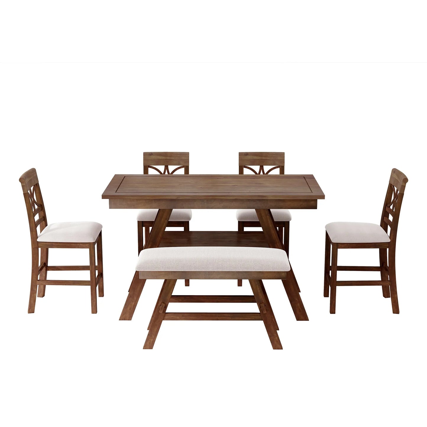 6-Piece Wood Counter Height Dining Table Set with Storage Shelf, Kitchen Table Set with Bench and 4 Chairs,Rustic Style, Walnut+Beige Cushion (old – view 9