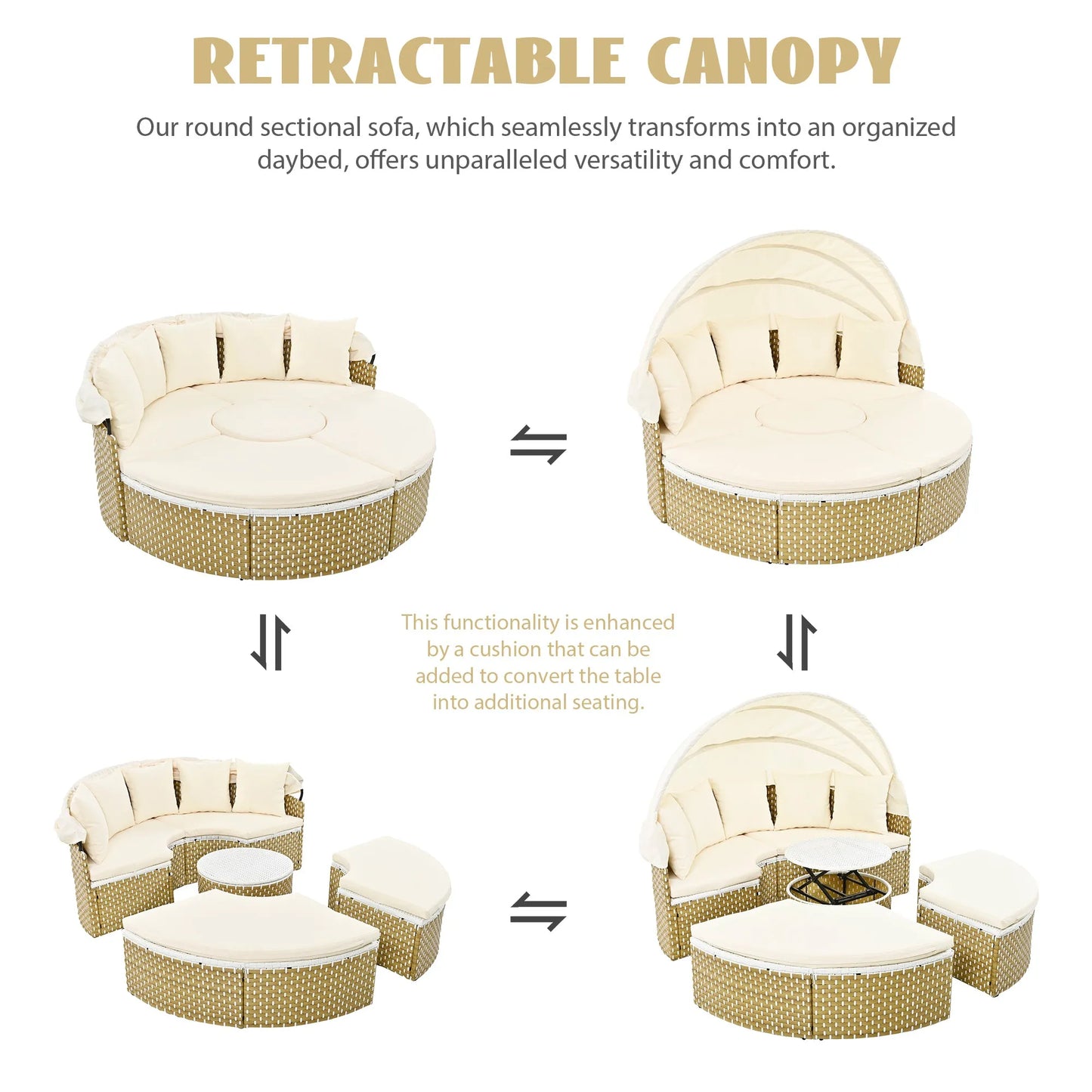 Patio Furniture Round Outdoor Sectional Sofa Set Rattan Daybed Two-Tone Weave Sunbed with Retractable Canopy, Separate Seating and Removable Cushion – view 9