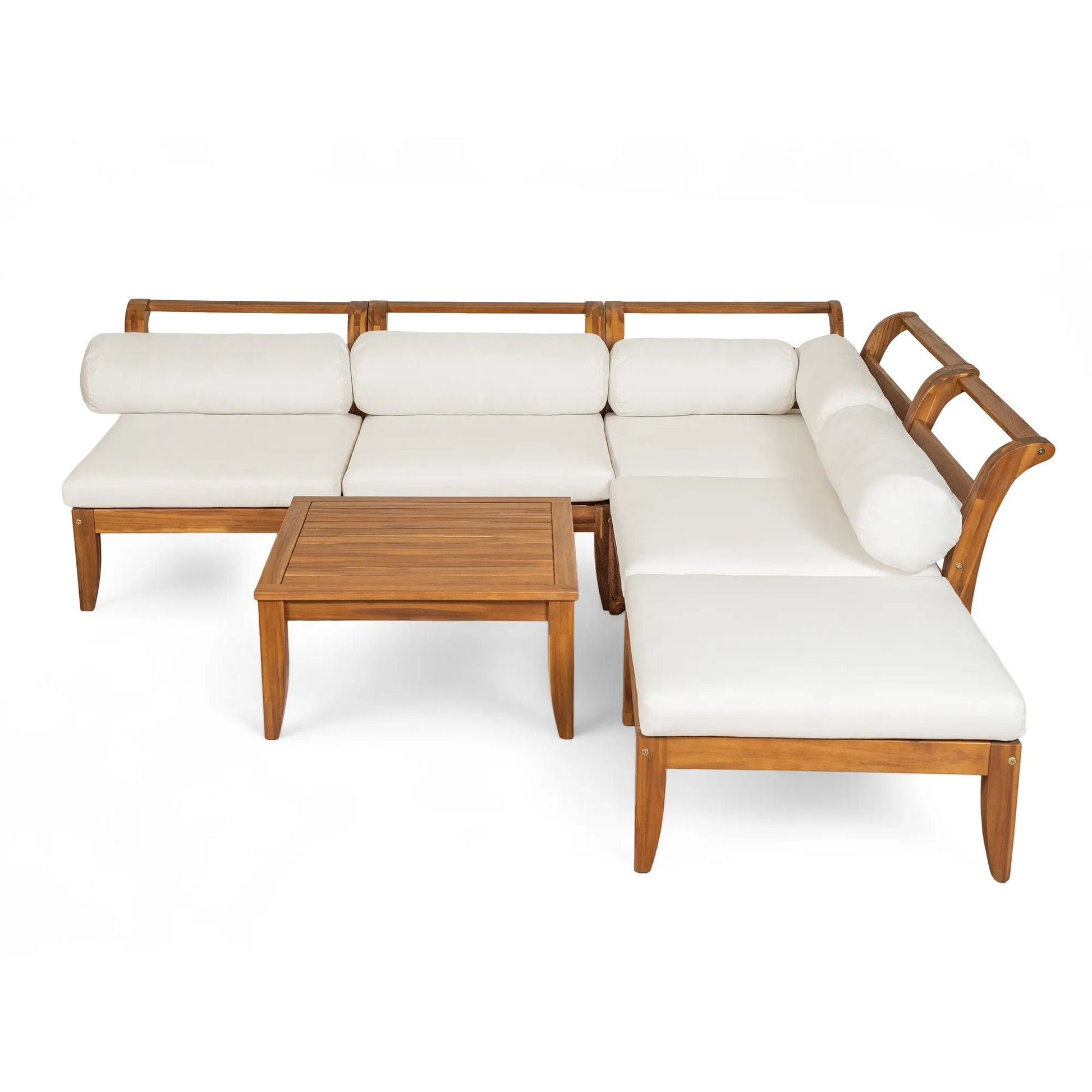 6 Piece Patio Sofa Set, Acacia Wood Outdoor Modular Sectional Garden Furniture Set L-Shaped Conversation Set, Convertible Daybed with Tea Table – view 9