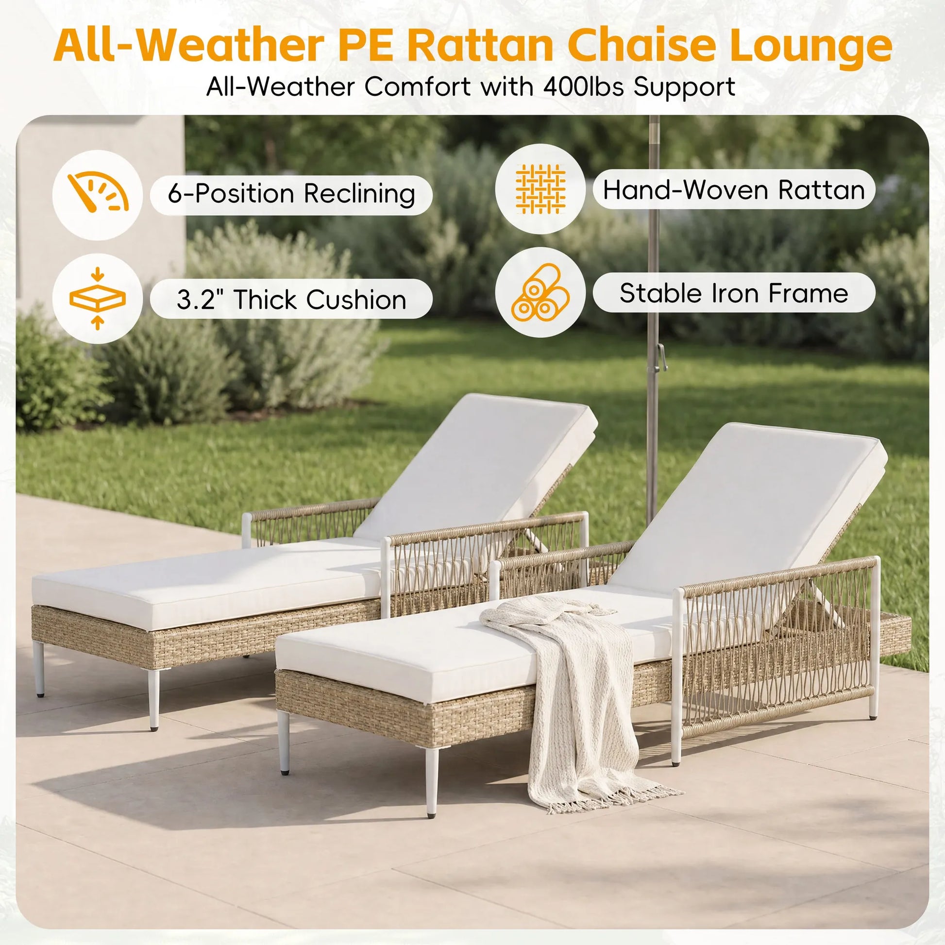 Outdoor All-Weather PE Rattan Chaise Lounge, Minimalist Patio Wicker Lounge Chair with 6 Gear Adjustable Recliner, Arms and Cushion for Poolside – view 9