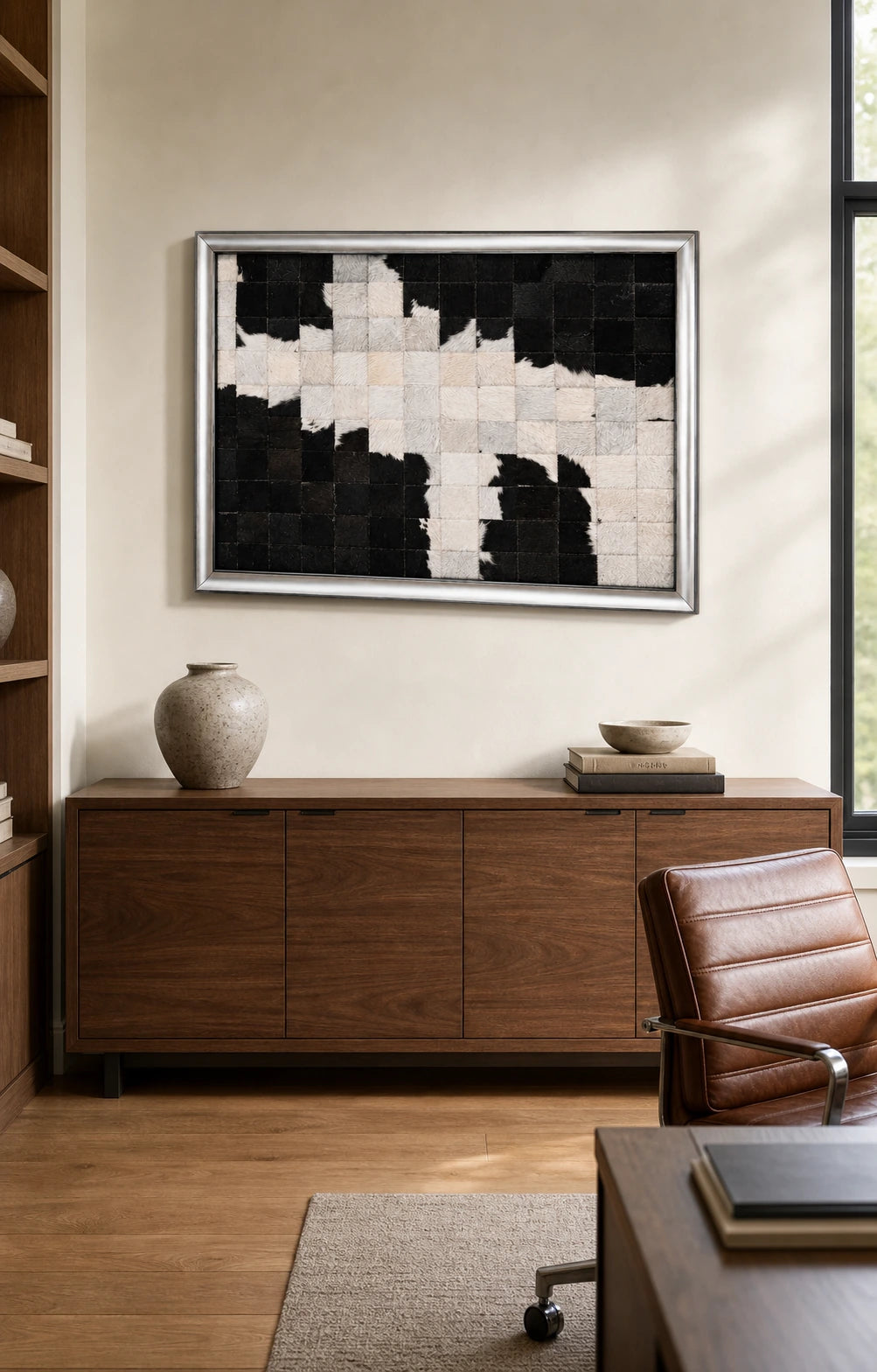 Black and ivory framed cowhide patchwork wall art above a walnut credenza in an American home office