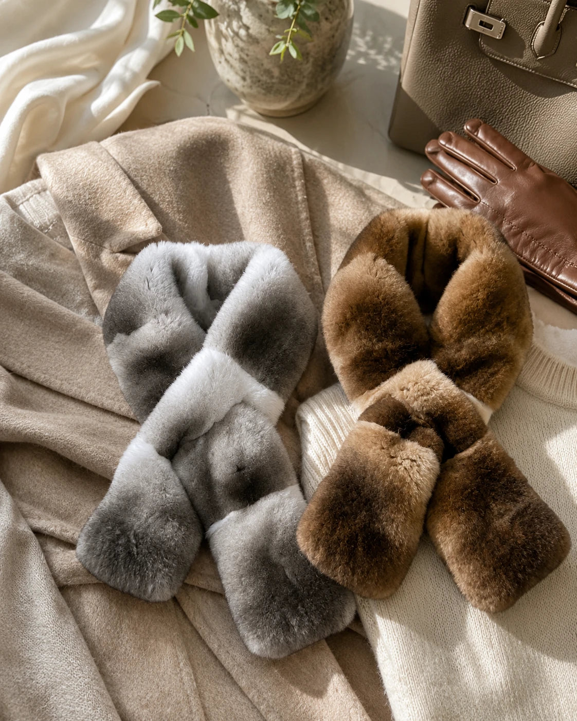 Chinchilla blue and amber gradient Rex rabbit fur crossover scarves styled together