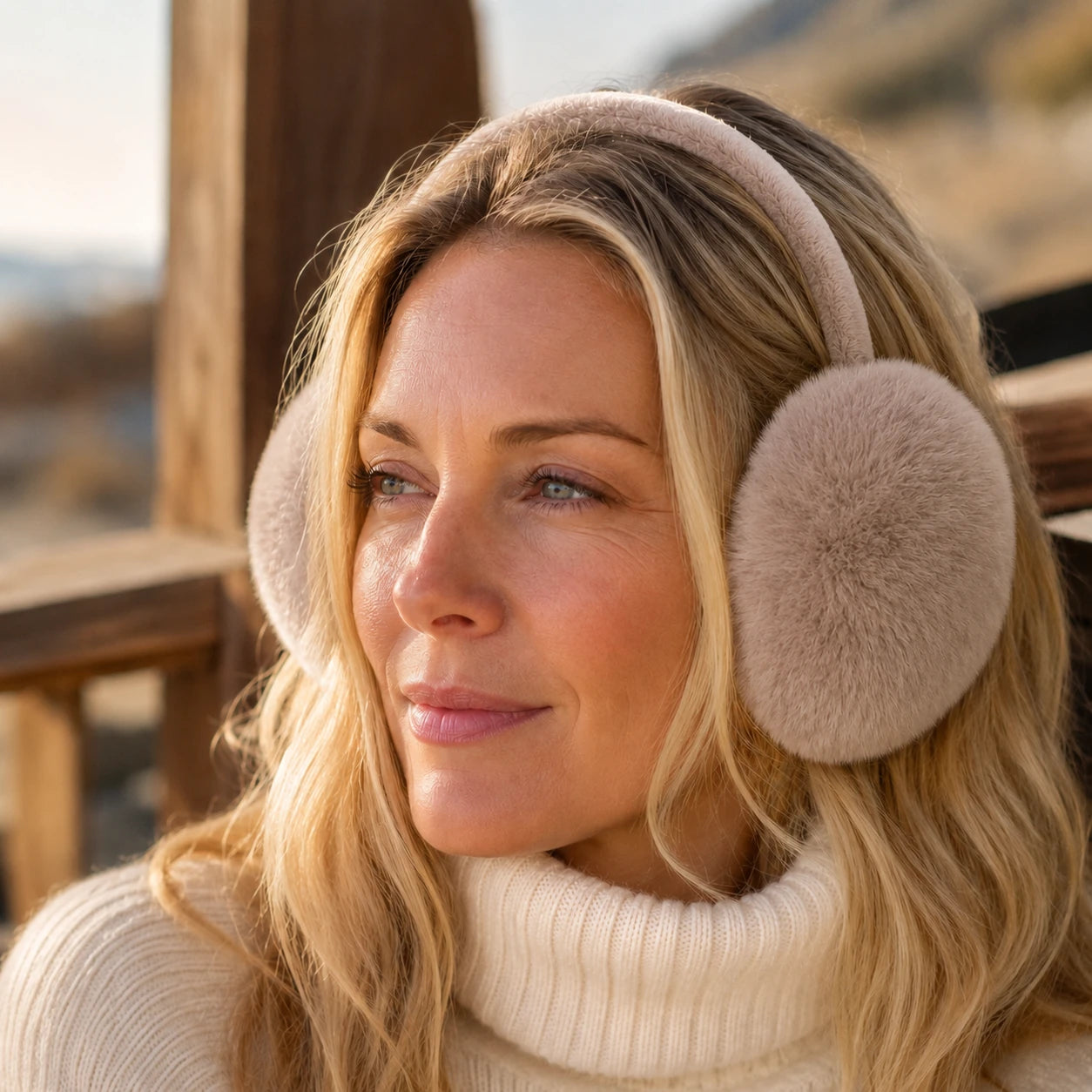 Taupe genuine Rex rabbit fur earmuffs worn by a woman