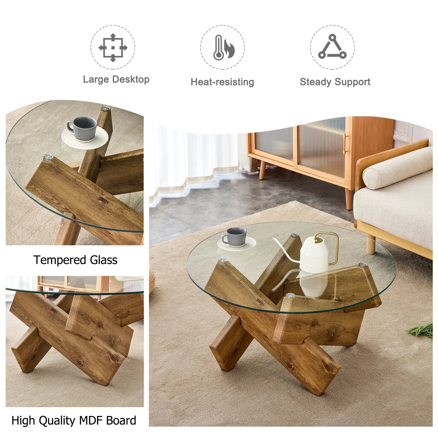 Circular glass coffee table, 33.4-inch modern and distinctive design tea table. Tempered glass countertop, wood colored MDF table legs. Suitable for – view 9