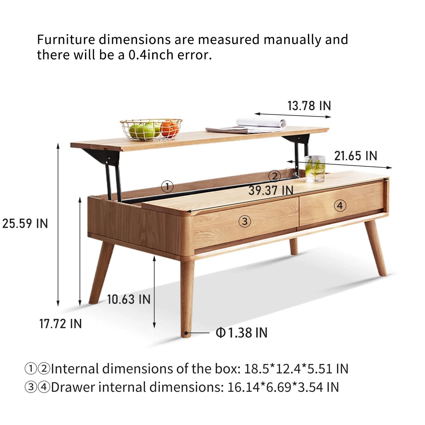 Elevating Center Table Low Table 100% Solid Oak Wood Top Plate Desk Coffee Table Width 100 x Depth 60 x Height 45 cm Study Desk Work From Home Easy – view 9
