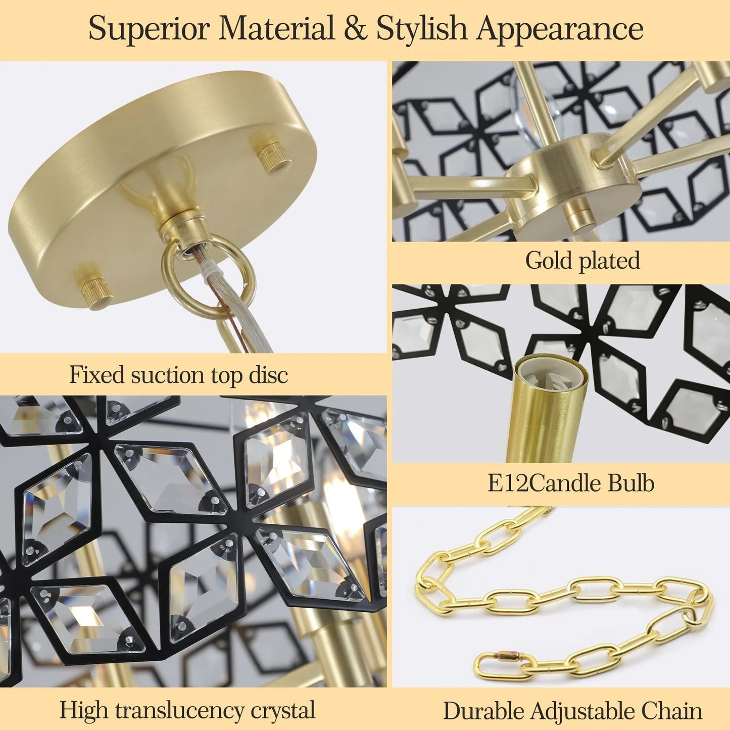 19' Geometric Crystal and BlackGold Round Pendant Chandelier – Modern 5-Light Fixture for Dining Room, Living Room, or Kitchen (Bulb Not Included) – view 9
