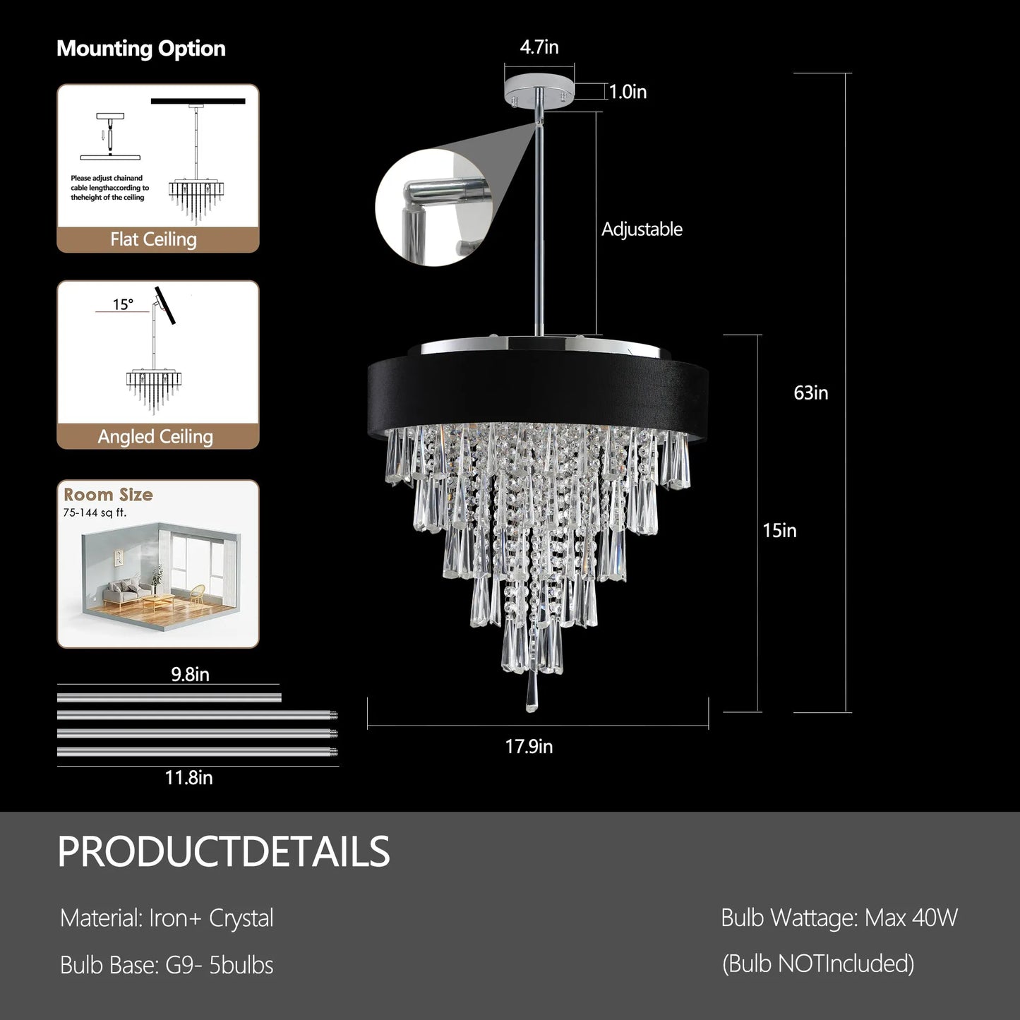 18-inch Modern Crystal Chandelier with Black Imitation Velvet Anti-Glare Shade, Adjustable Height, 8-Light G9 Base for Dining Room, Living Room, or – view 9