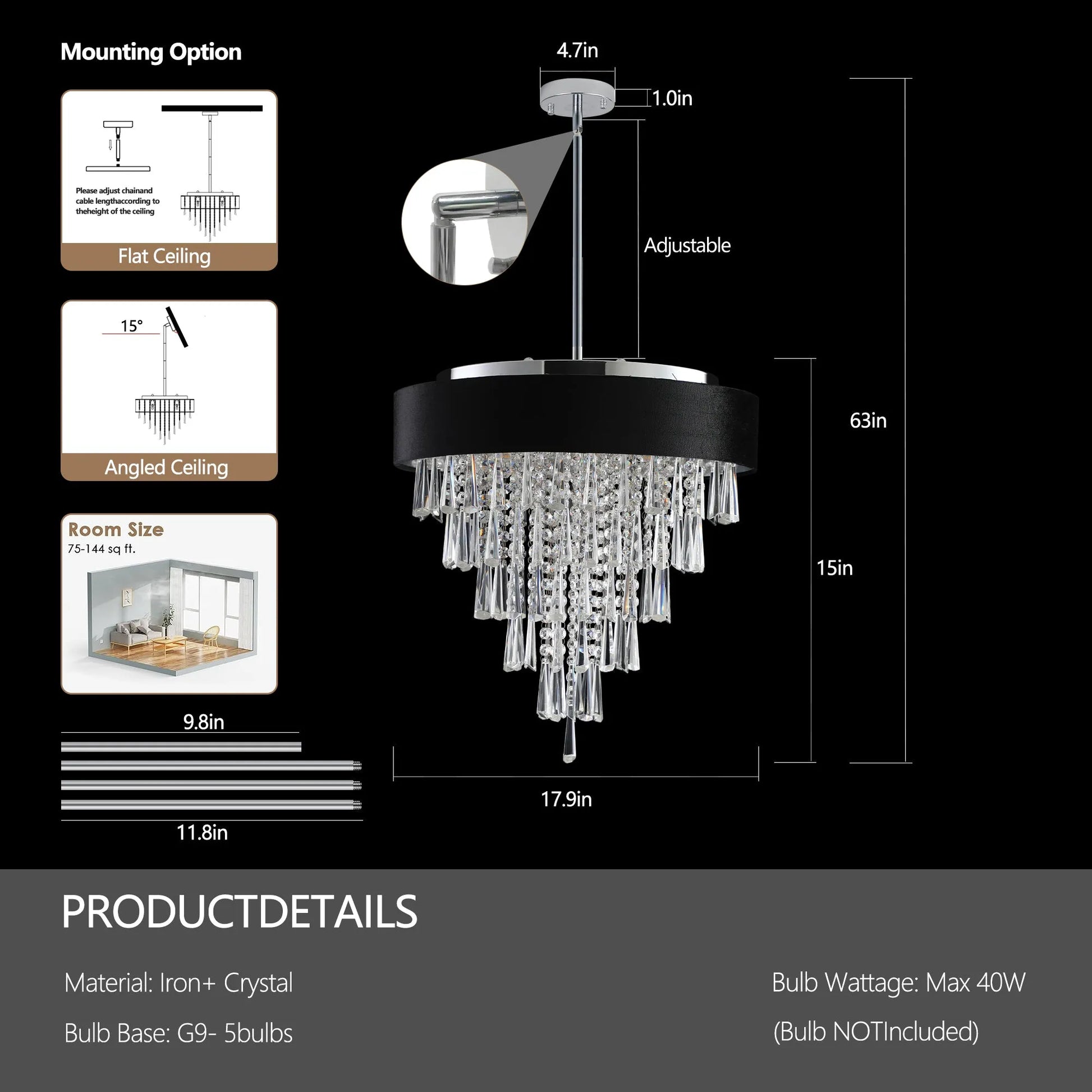 18-inch Modern Crystal Chandelier with Black Imitation Velvet Anti-Glare Shade, Adjustable Height, 8-Light G9 Base for Dining Room, Living Room, or – view 9