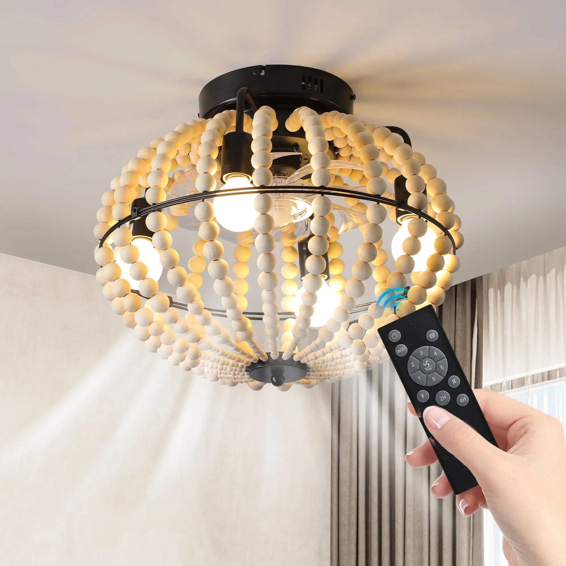 18' Bohemian Wood Beaded Ceiling Fan with Light, Flush Mount Caged Ceiling Fan, Rustic Farmhouse Low Profile Fan Light Fixture for Indoor Home Decor – view 9