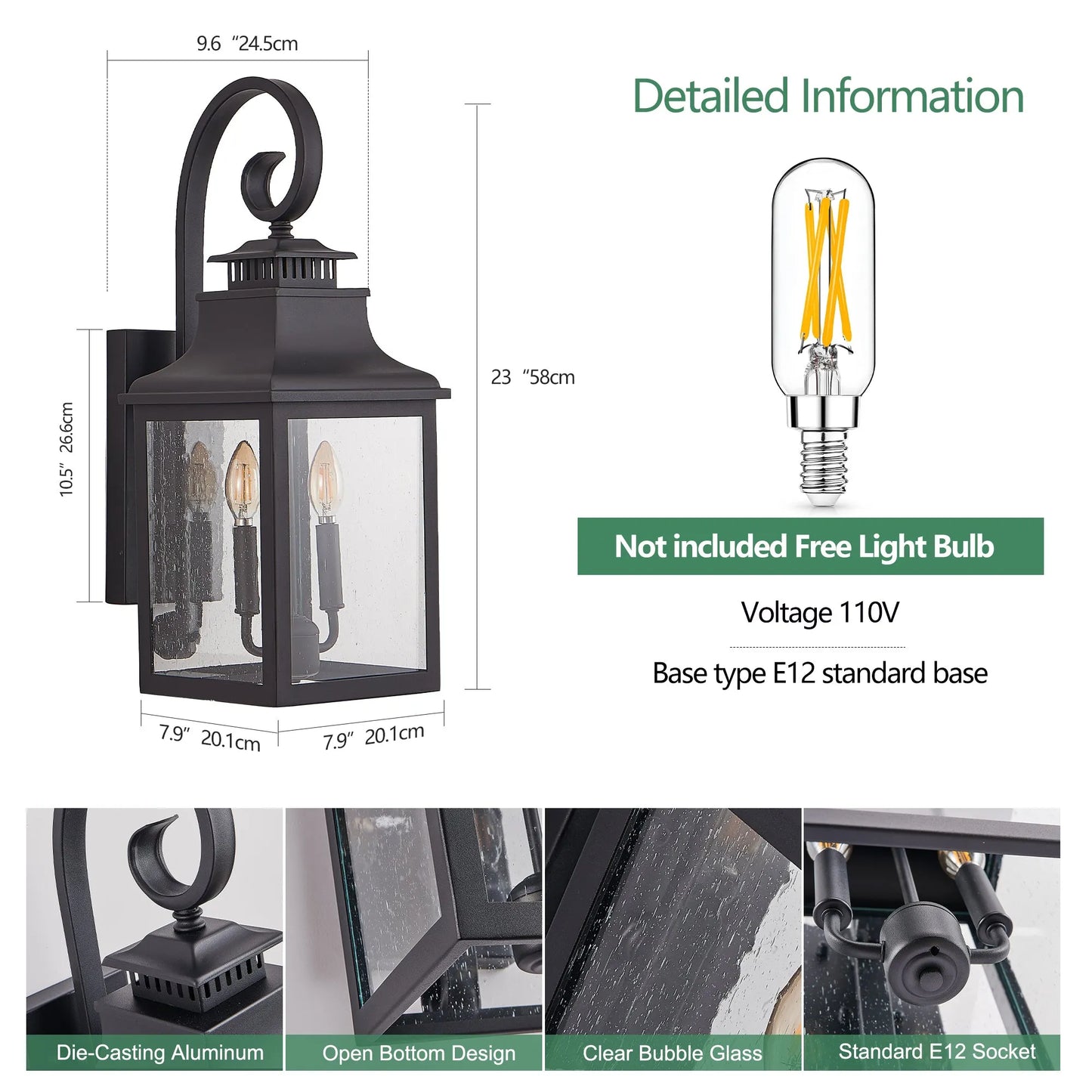 23'(H) 2-Pack Outdoor Wall Lantern Light – Vintage Black Metal Sconce with Clear Seeded Glass for Porch, Patio, and Garden (Bulb Not Included) – view 9