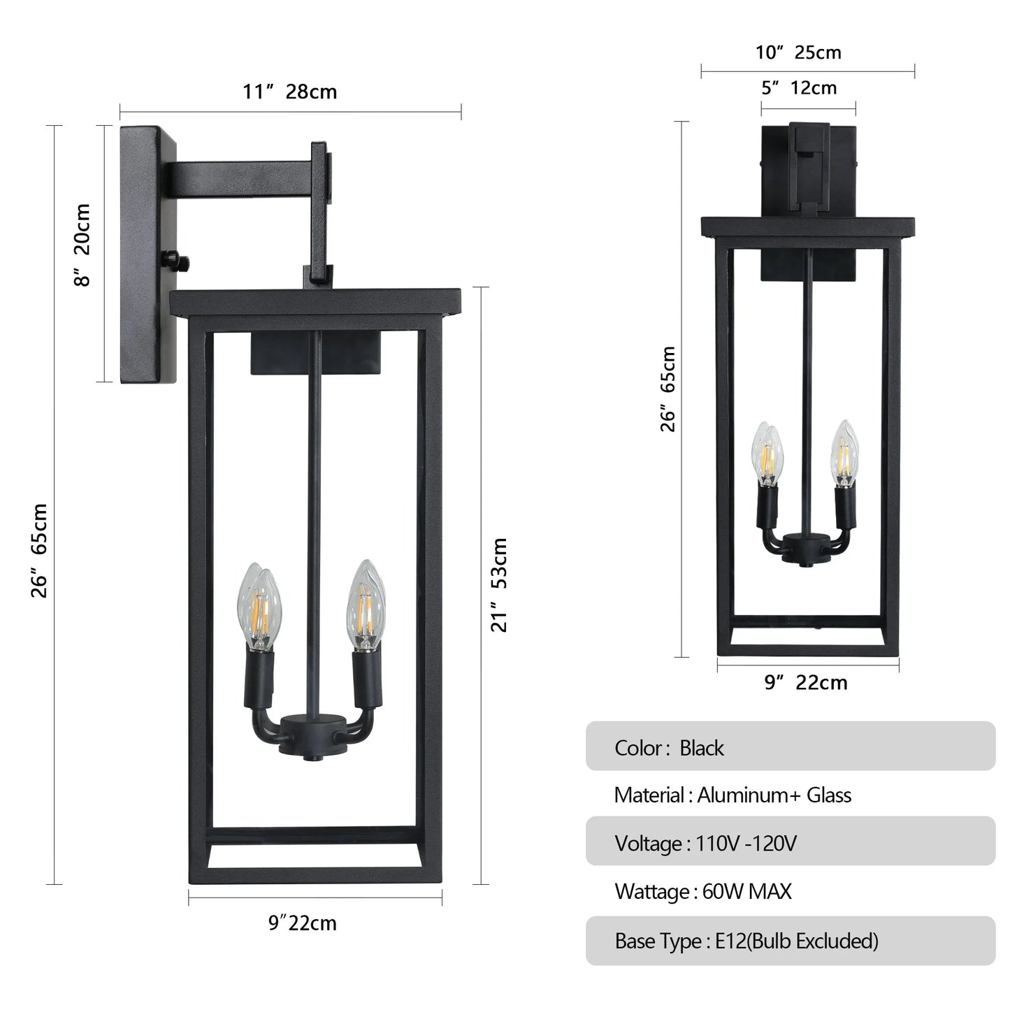 26'(H) 1ps Modern Outdoor Wall Lanterns with Black Metal Frame and Clear Glass, 4 E12 Bulb Socket, Weatherproof Wall Sconces for Porch, Garden, Patio – view 9