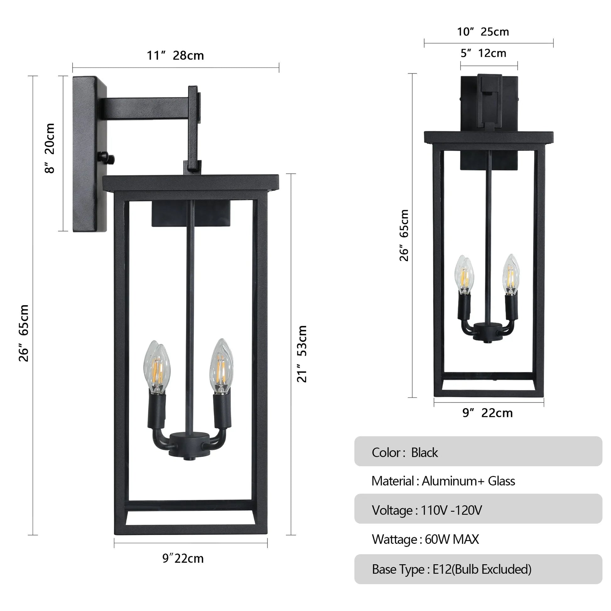 26'(H) 1ps Modern Outdoor Wall Lanterns with Black Metal Frame and Clear Glass, 4 E12 Bulb Socket, Weatherproof Wall Sconces for Porch, Garden, Patio – view 9