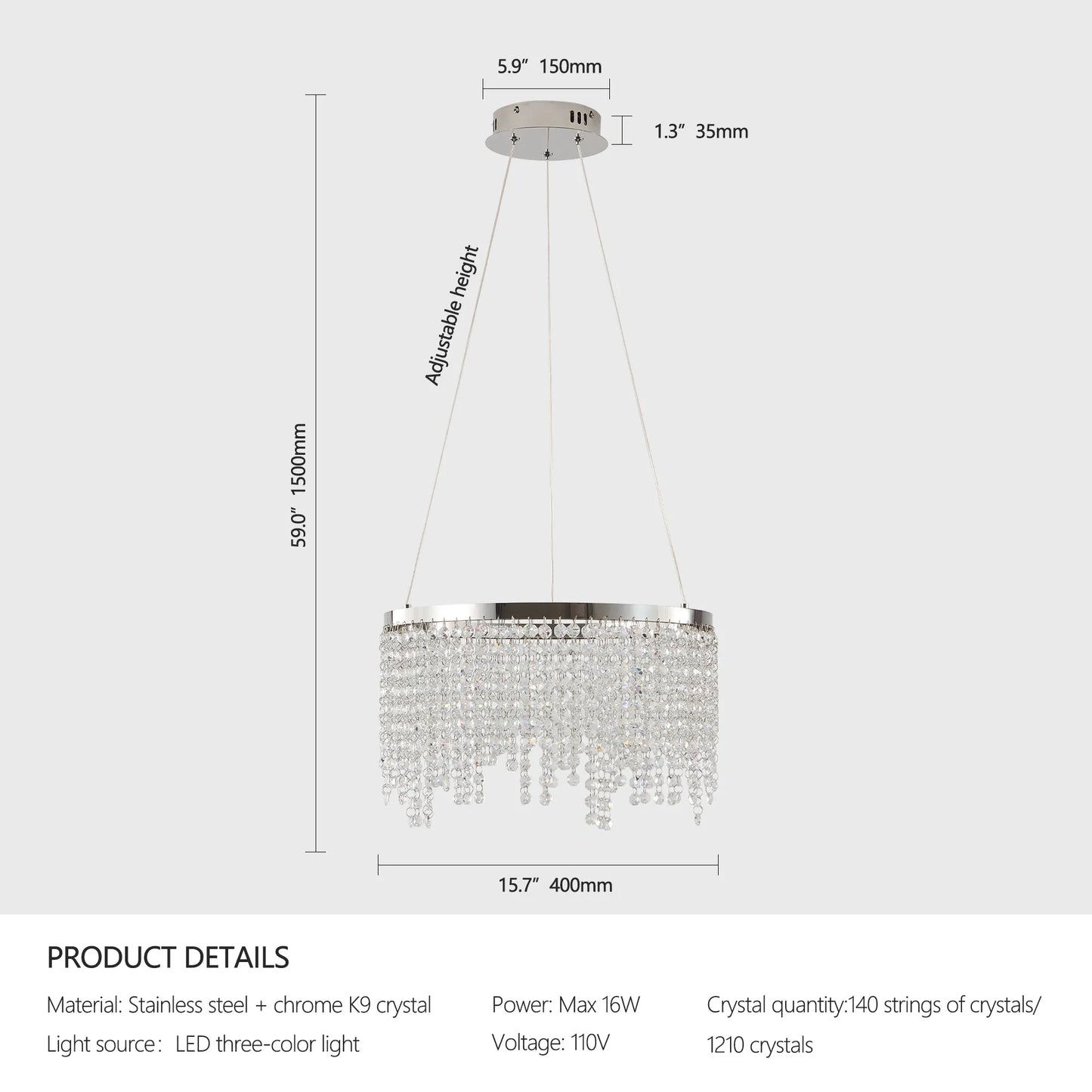 16-inch Luxury Crystal LED Chandelier - Adjustable Height and Color Temperature (3000K-6000K) - Modern Chandelier for Living Room, Dining Room and – view 9