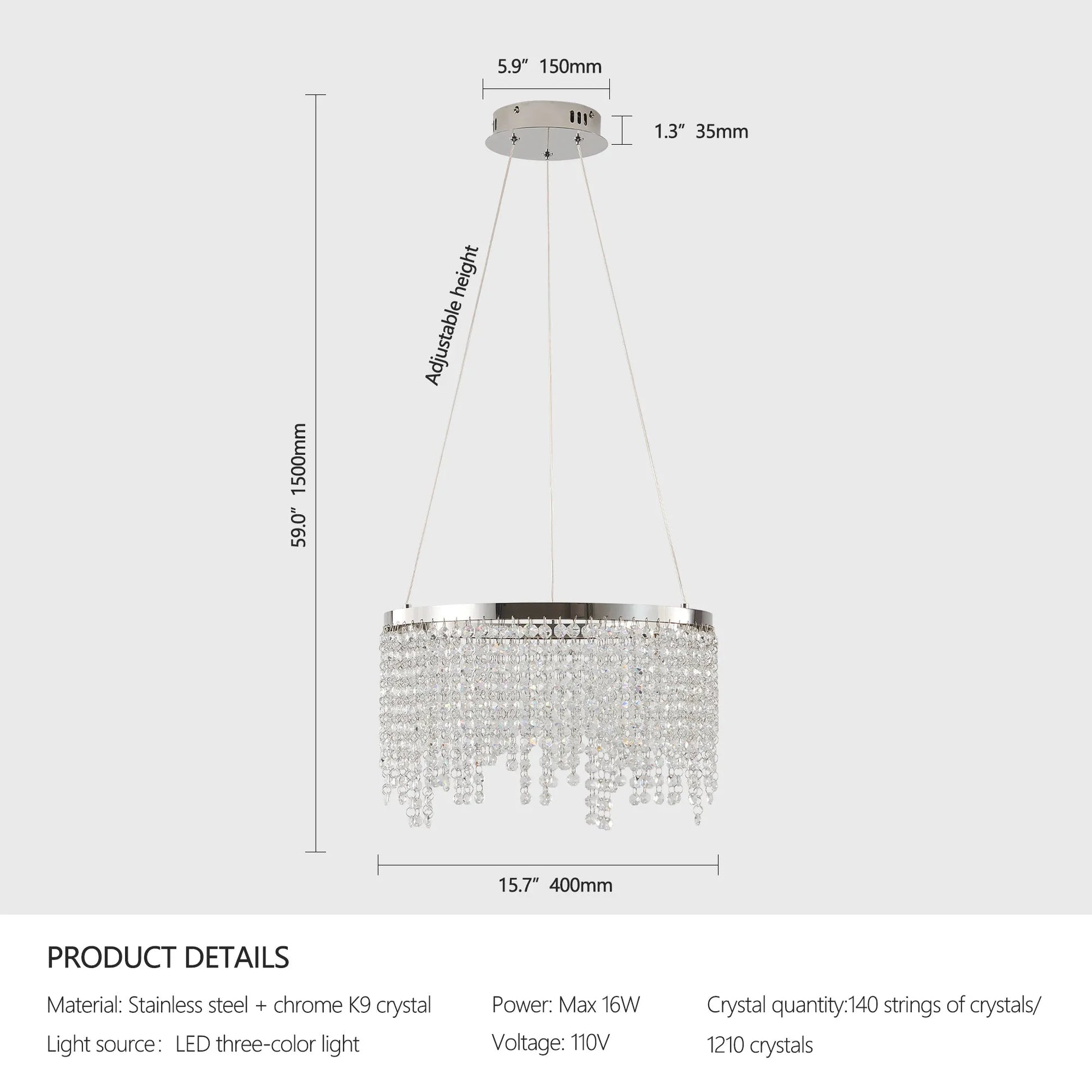 16-inch Luxury Crystal LED Chandelier - Adjustable Height and Color Temperature (3000K-6000K) - Modern Chandelier for Living Room, Dining Room and – view 9