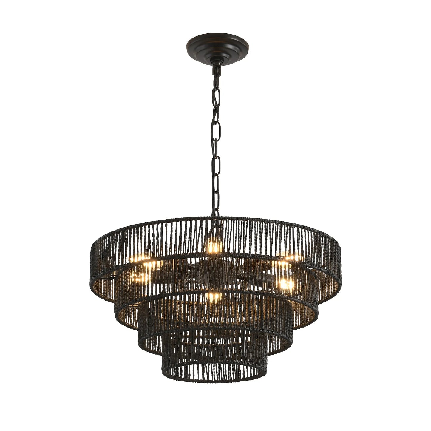 20' Rustic 4-Tier Black Hemp Rope Pendant Light Chandelier with 6 E12 Sockets, Handmade Tiered Boho Ceiling Light Fixture for Dining Room, Kitchen – view 9