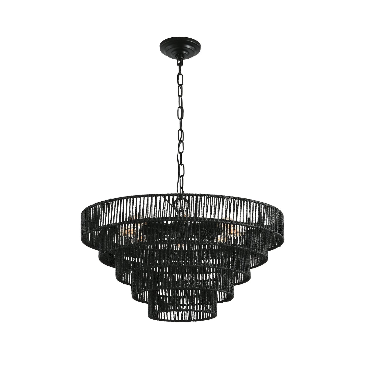 24' Rustic 5-Tier Black Hemp Rope Pendant Light Chandelier with 8 E12 Sockets, Boho Farmhouse Ceiling Fixture for Dining Room, Kitchen, or Entryway – view 9