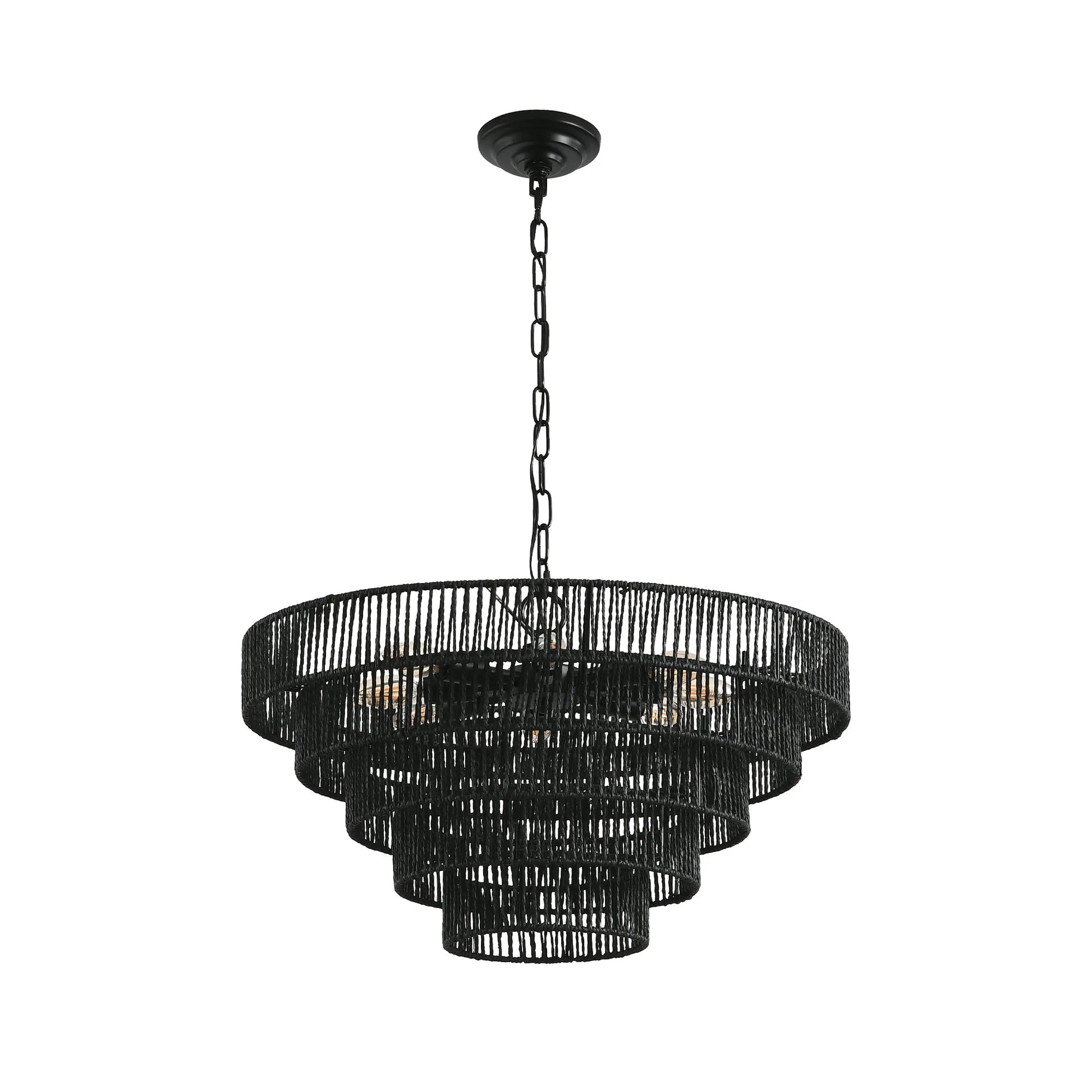 24' Rustic 5-Tier Black Hemp Rope Pendant Light Chandelier with 8 E12 Sockets, Boho Farmhouse Ceiling Fixture for Dining Room, Kitchen, or Entryway – view 9