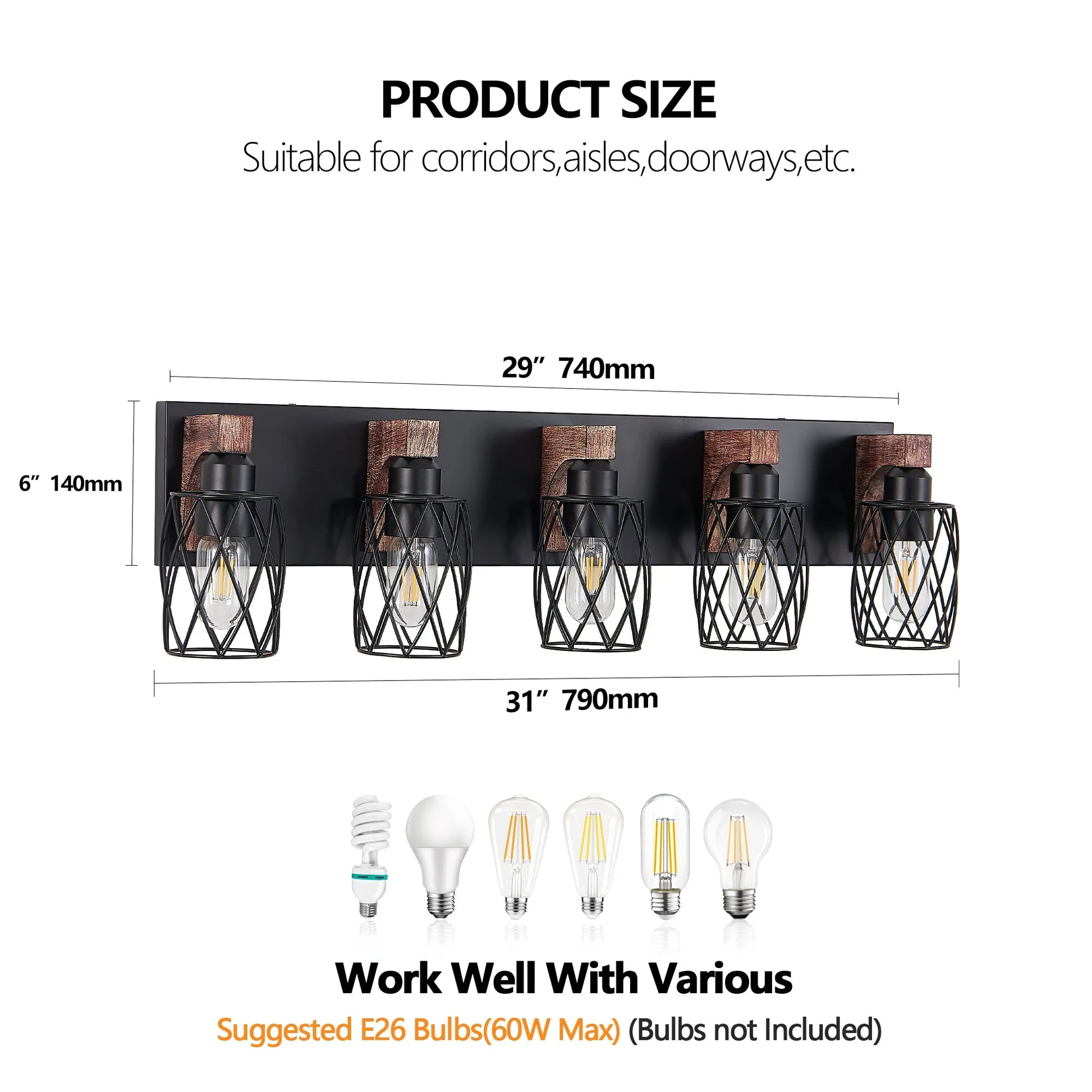 31' Industrial Vintage 5-Light Wall Sconce - Black Cage Wall Lighting Fixture with Wooden Accents for Bathroom, Hallway, or Living Room (Bulb Not – view 9