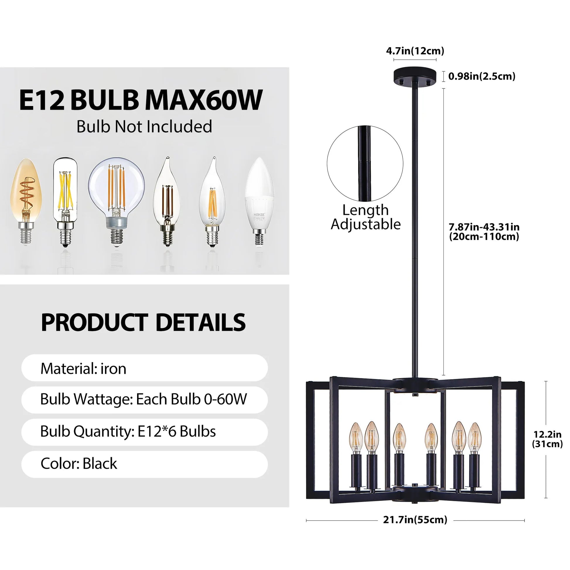22' Modern Black Geometric 6-Light Chandelier – Industrial Metal Pendant Light Fixture for Living Room, Dining Room, or Kitchen (Bulb Not Included) – view 9