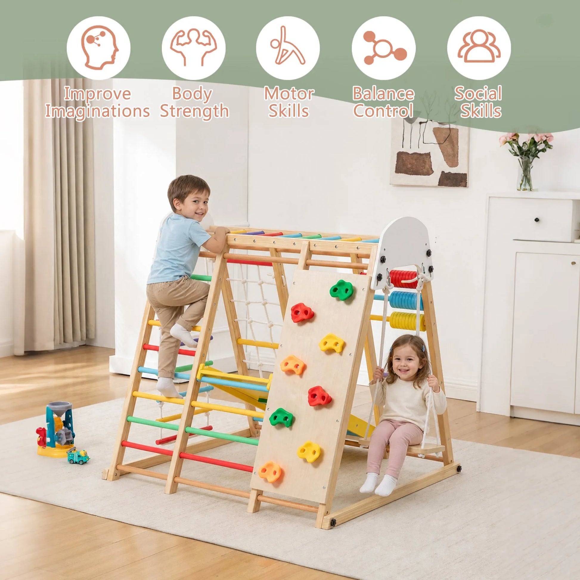 9-in-1 Foldable Kids Climbing Frame & Slide, Wooden Toddler Playground with Swing, Monkey Bars, Climbing Rock, Abacus Game – Indoor Outdoor Playset – view 9