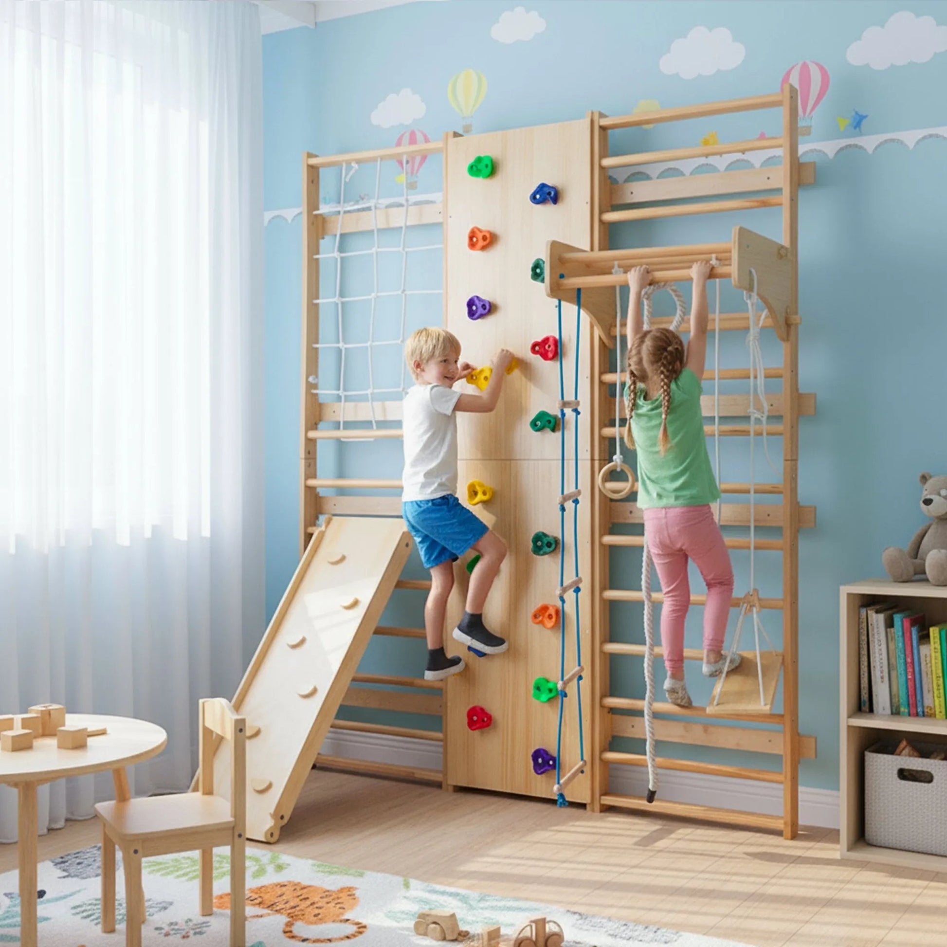 All-in-One 10-in-1 Indoor Climbing Set - Featuring a Rock Climbing Wall, Wooden Swings, Gymnastic Rings, Rope Ladders, and Stretching Equipment for a – view 9