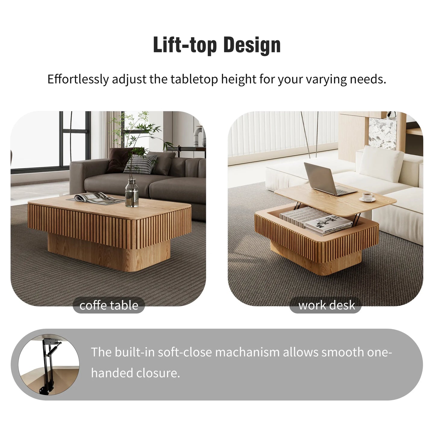 38.6'' Fluted Lift-top Coffee Table Solid Wood Veneered Modern Coffee Table Accent Tea Table with Storage and Adjustable Height for Living Room – view 9