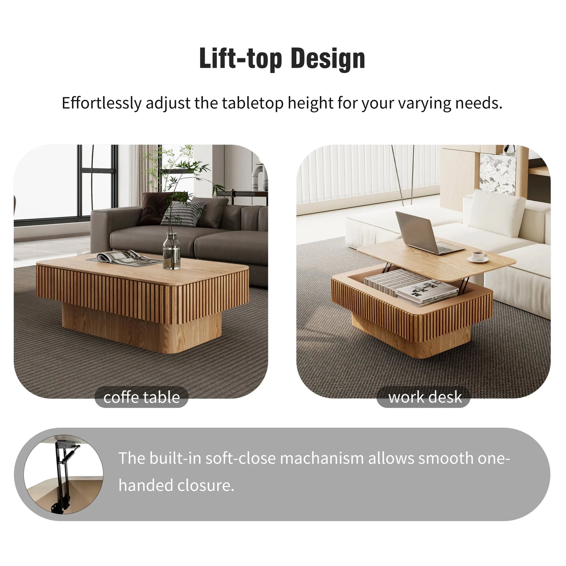 38.6'' Fluted Lift-top Coffee Table Solid Wood Veneered Modern Coffee Table Accent Tea Table with Storage and Adjustable Height for Living Room – view 9