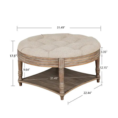 Large Round Waterproof Ottoman Coffee Table 2 Tier Oversized Button Tufted Ottoman with Wooden Shelf Storage Farmhouse Upholstered Coffee Table – view 9