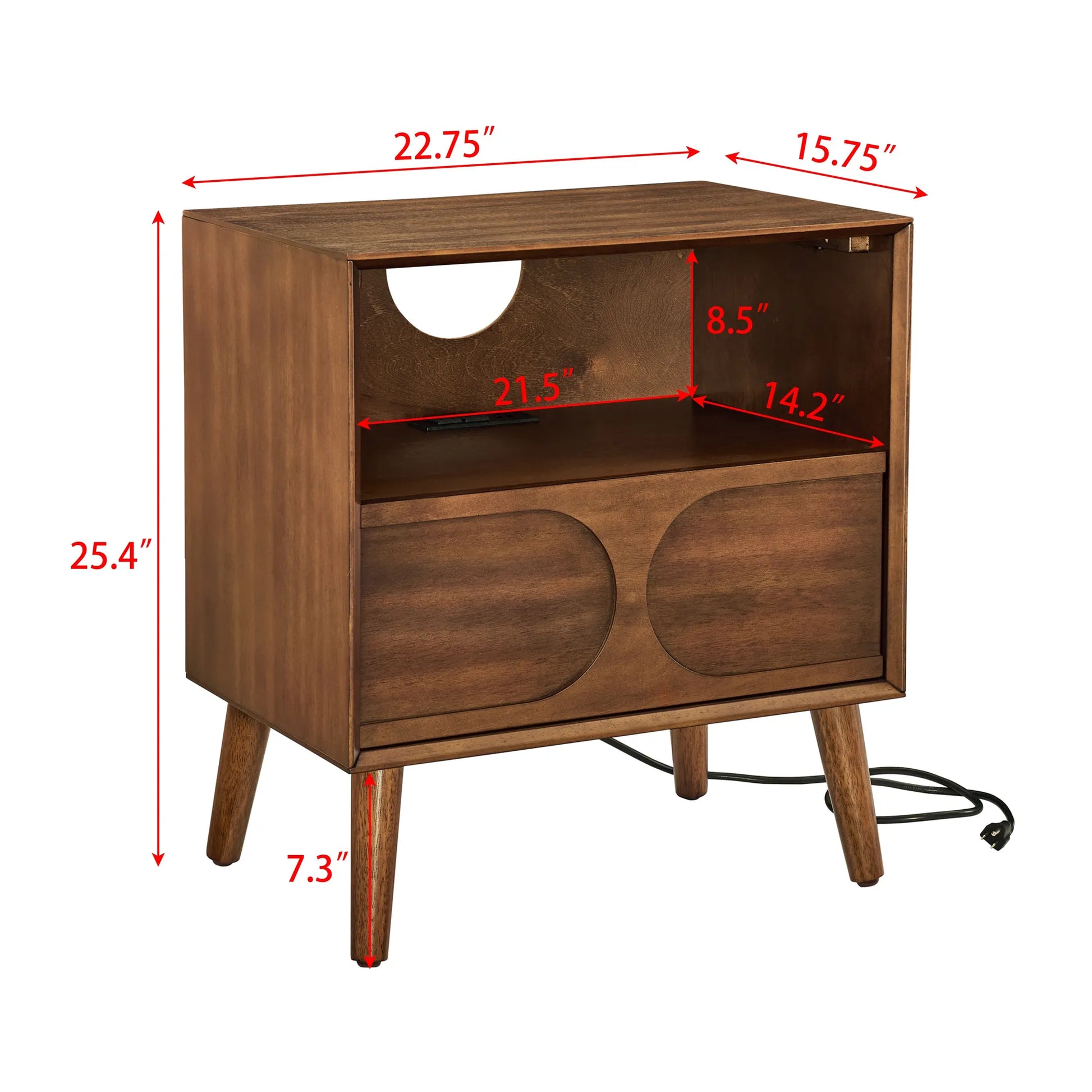 Mid Century Modern Fluted Nightstand with Charging Station USB Ports & Outlet Hole & 4 Solid Wood Legs, Farmhouse End Table with Open Space and – view 9