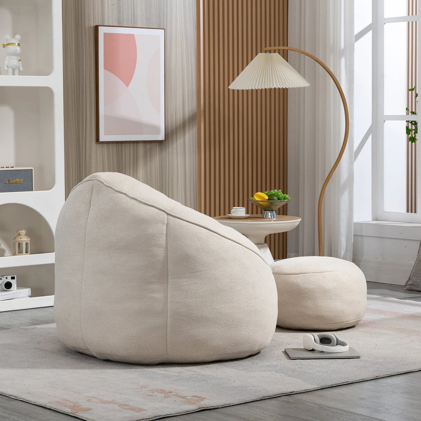 Bedding Bean Bag Sofa Chair with High-Pressure Foam and Footrest, Beige Microfiber – view 9
