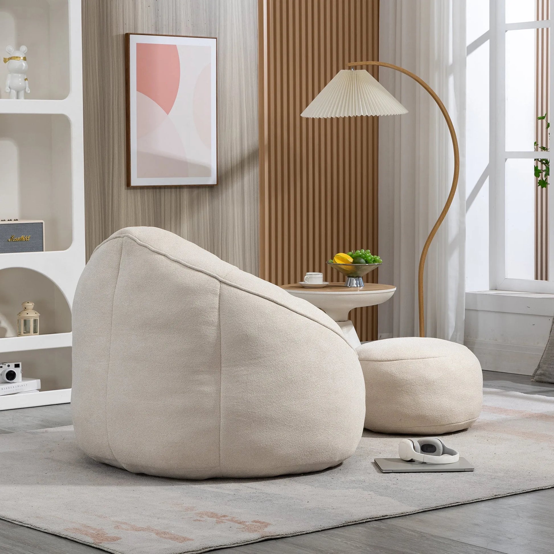 Bedding Bean Bag Sofa Chair with High-Pressure Foam and Footrest, Beige Microfiber – view 9