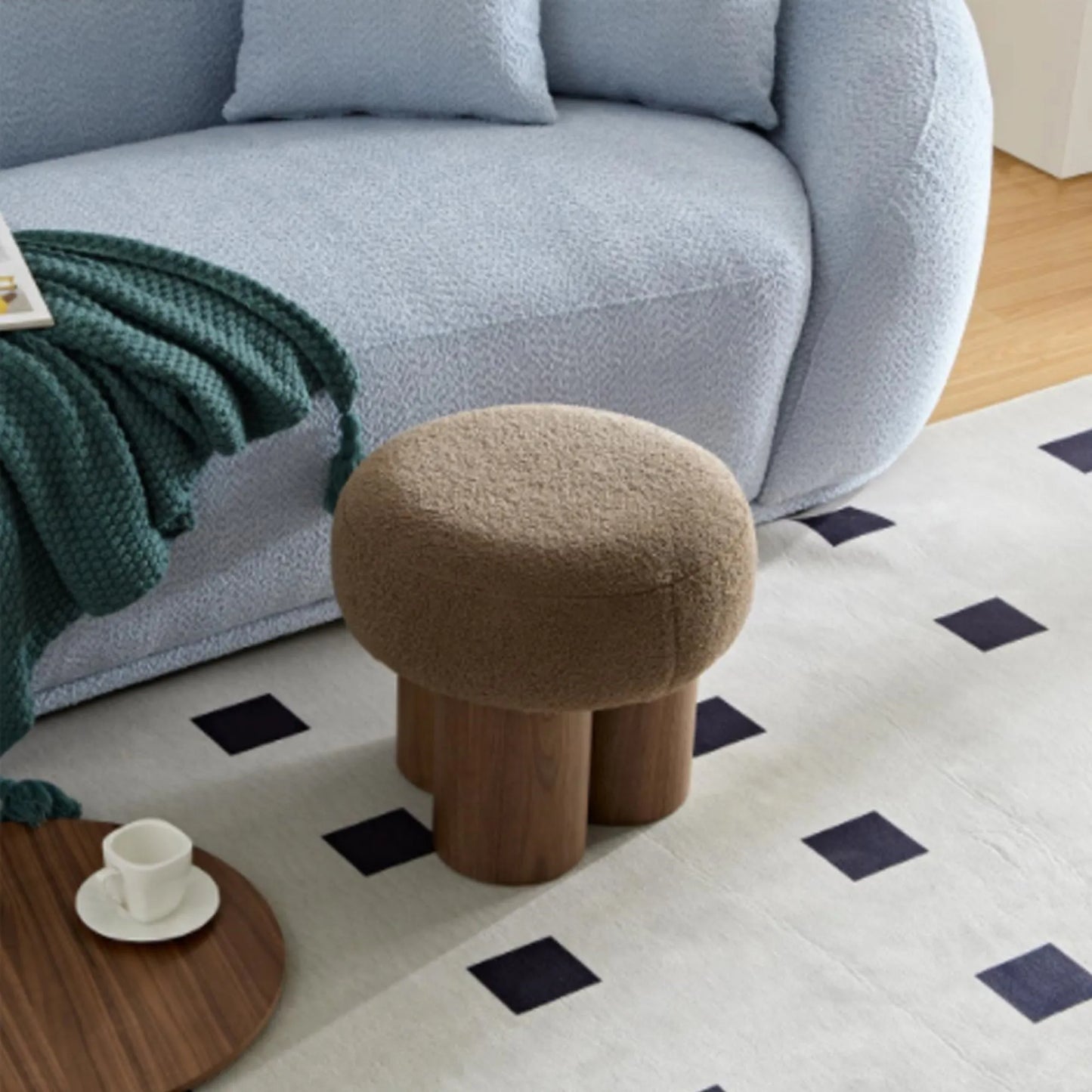 Mushroom Stool with Brown Lamb Wool Seat and Walnut Veneer Barrel PVC Pipe – view 9