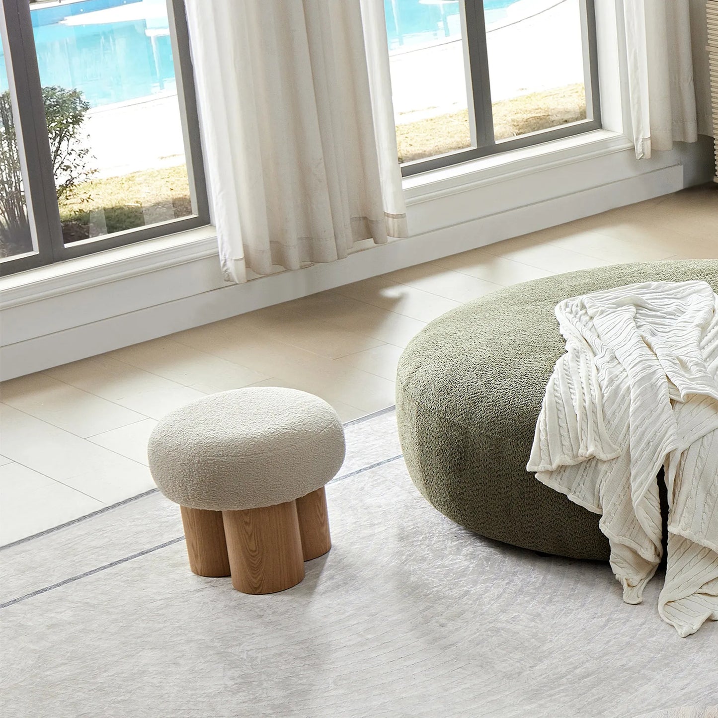 Mushroom Stool with Greige Plush Cushion, Wooden Barrel PVC Pipe, Walnut Finish – view 9