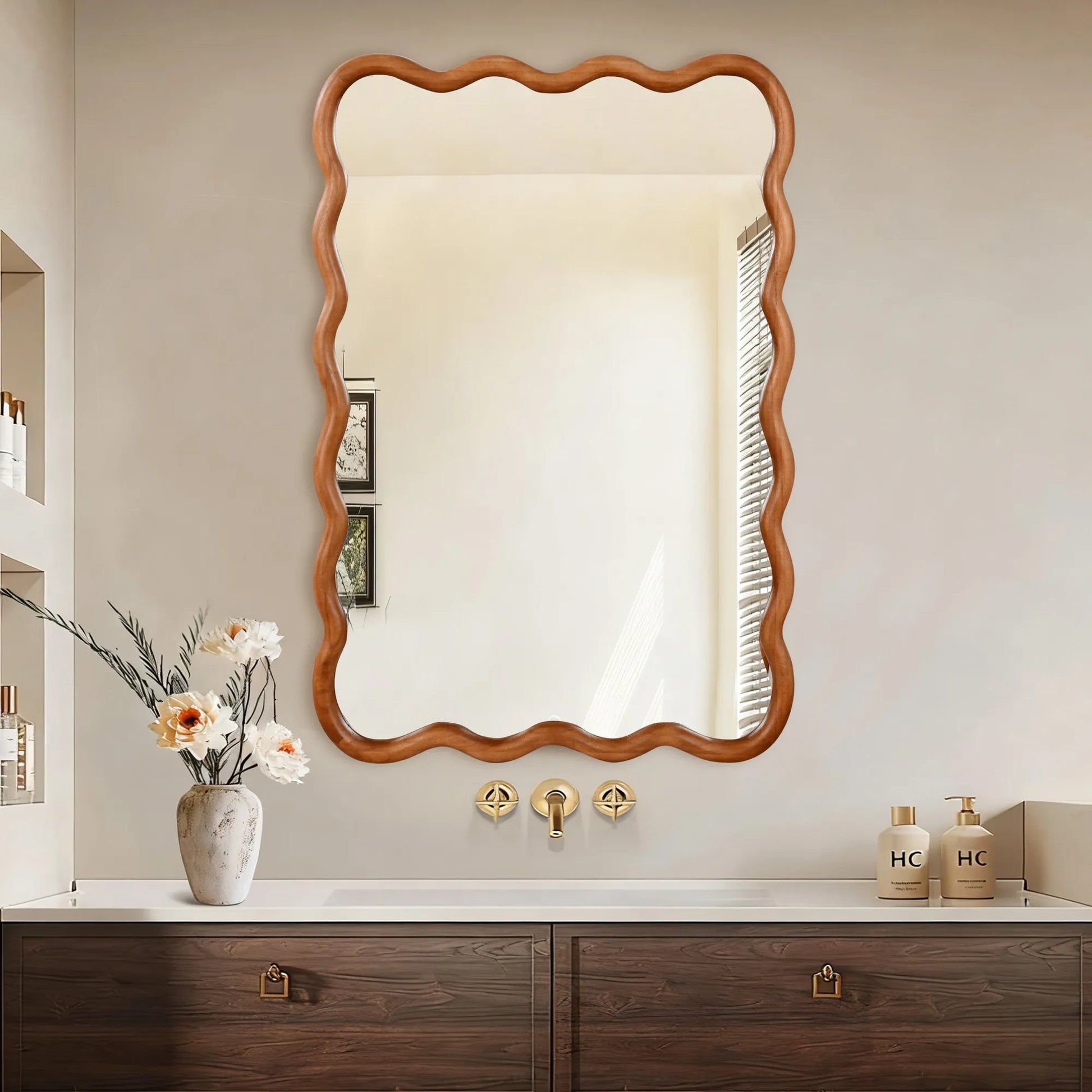 Yellowish Brown 24'x36' Wavy Rectangle Solid Wood Frame Decorative Mirror,For Bedroom, Bathroom, Living Room, Entryway – view 9
