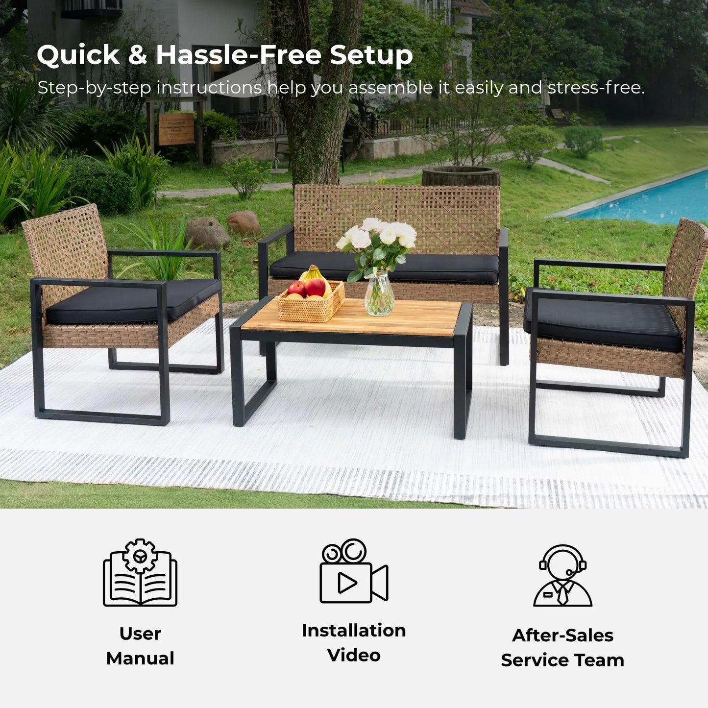 Modern Outdoor 4-Piece Patio Furniture Set with Acacia Wood Table Top, Black and Light Brown – view 9