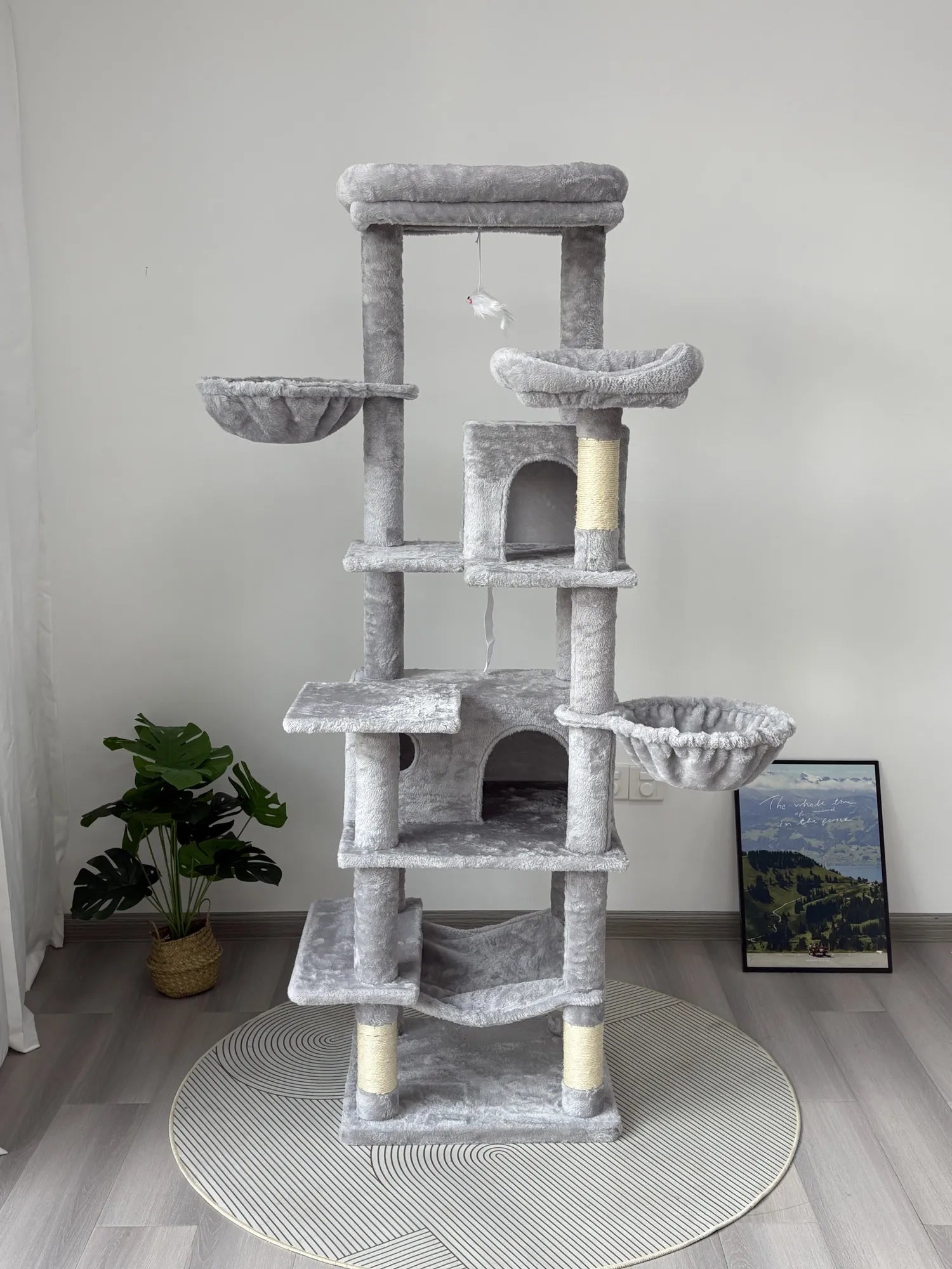 68in Tall Multi-Level Green Cat Tree with Hammocks, Hanging Basket, Cat Cave, Removeable Cushion, Scratching Posts - Plush Cat Tower for Indoor Cats – view 9