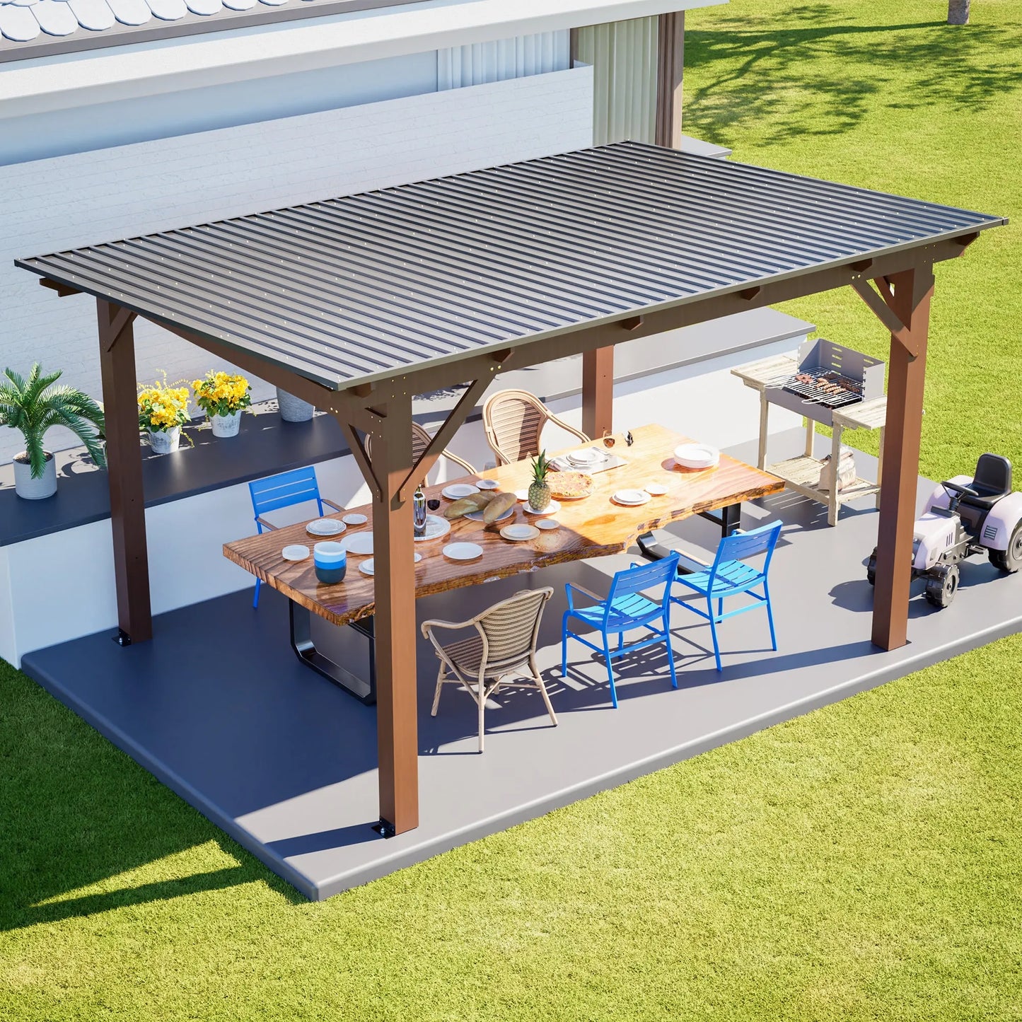 13x10ft Wooden Garden Gazebo with Metal Roof, Spacious Outdoor Patio Shade Structure for Backyard & Garden – view 9