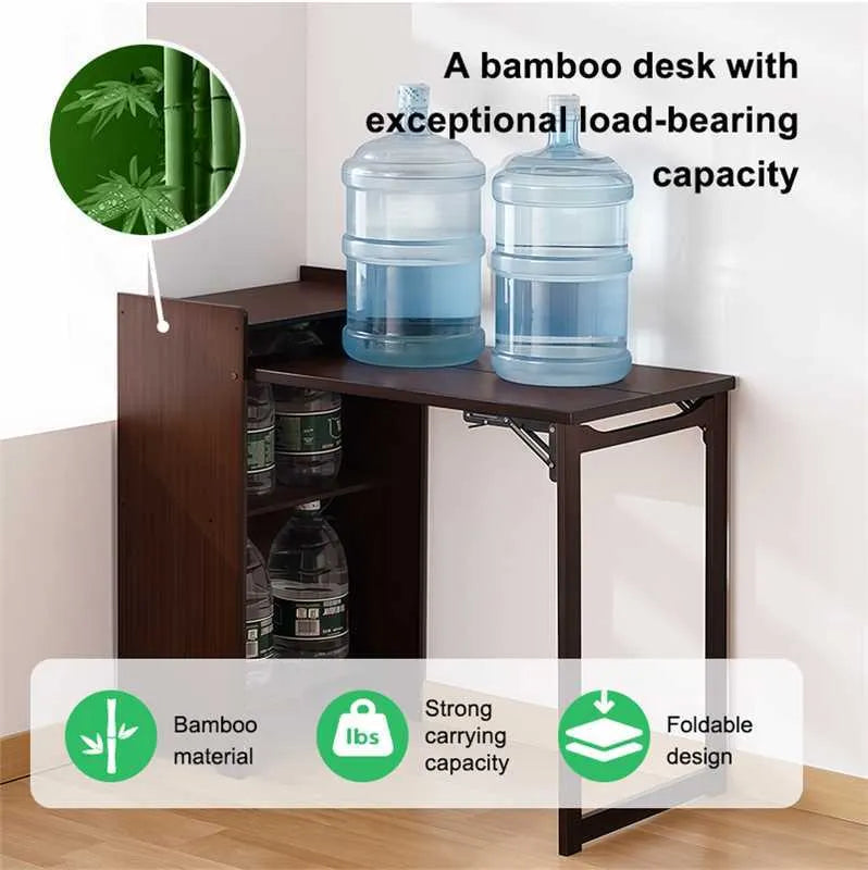 Bamboo Folding Desk, Foldable Desk for Small Space, Computer Desk with Hidden Storage, Mid Century Foldable Table for Home Office and Bedroom (Walnut – view 9